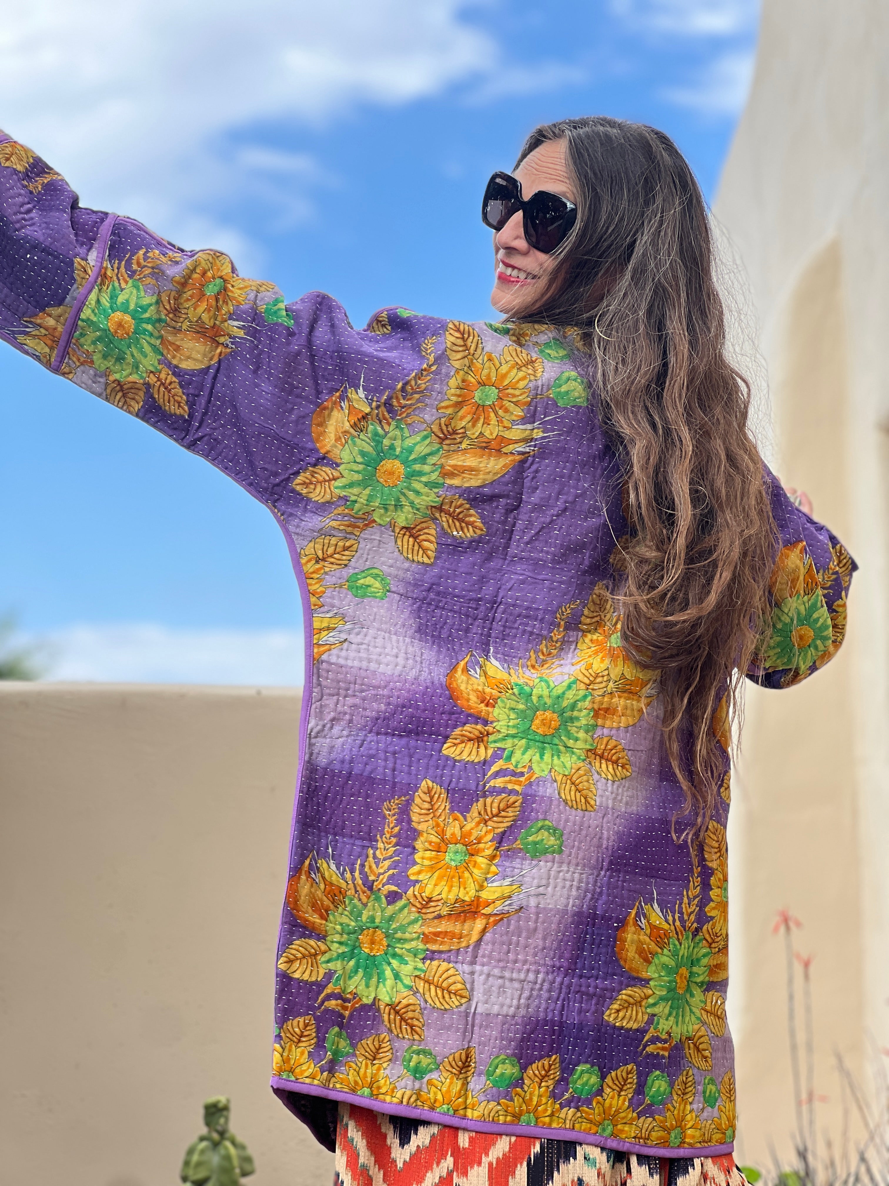Malda Purple Floral Kantha Coat One of a Kind