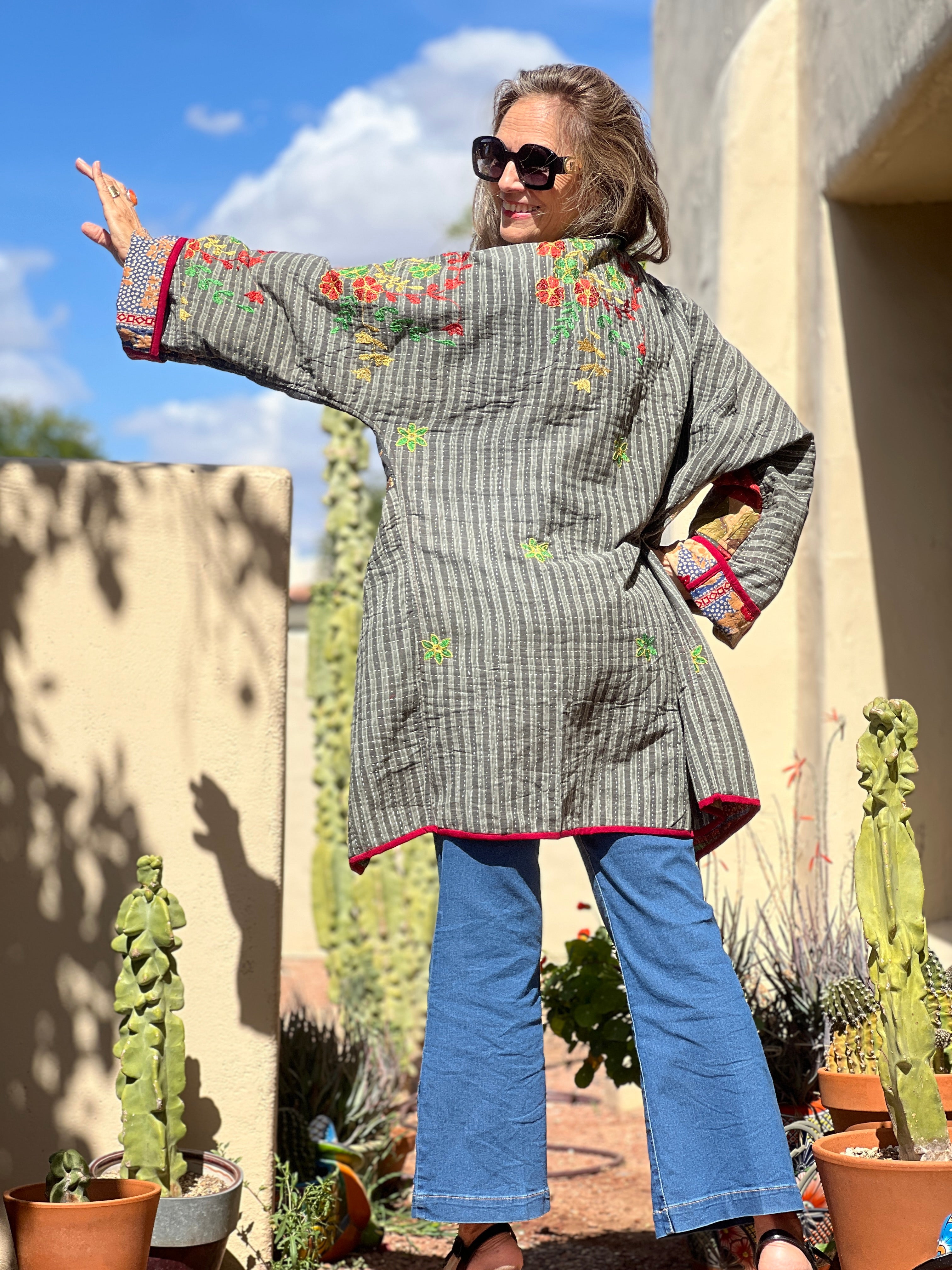 Bengal Boho Floral Kantha Coat One of a Kind