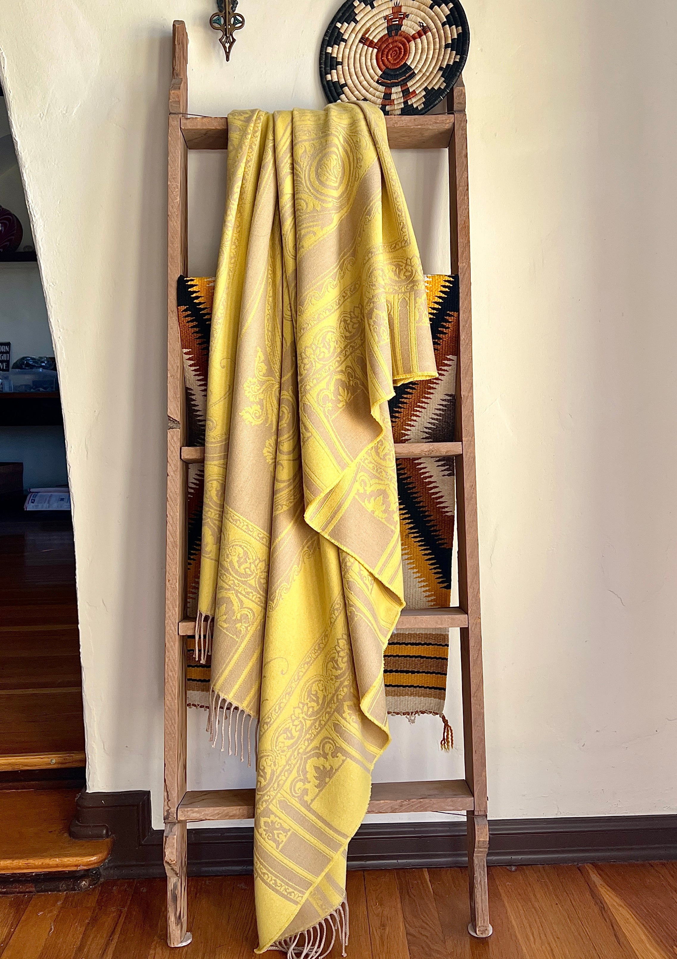 Italian Paisley Cashmere Wool Yellow Throw Blanket