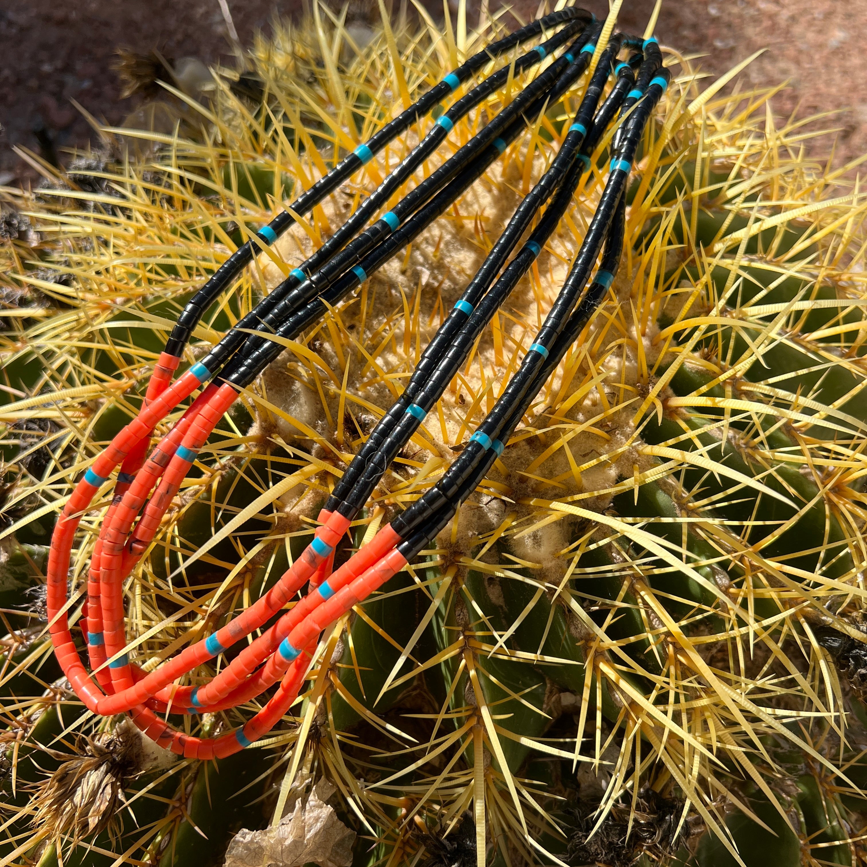 Black Jet, Turquoise, and Orange Coral Necklace Santo Domingo