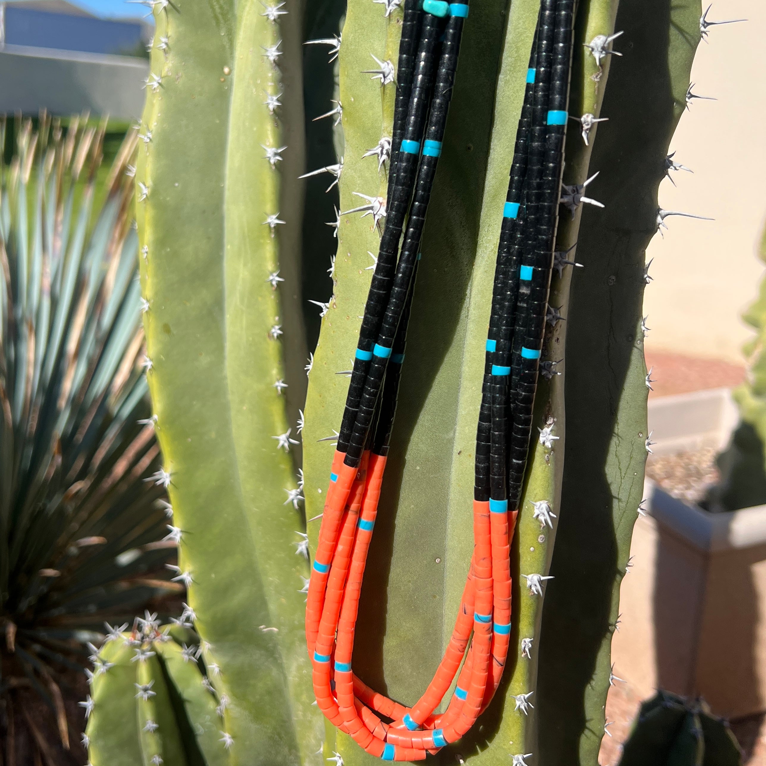 Black Jet, Turquoise, and Orange Coral Necklace Santo Domingo