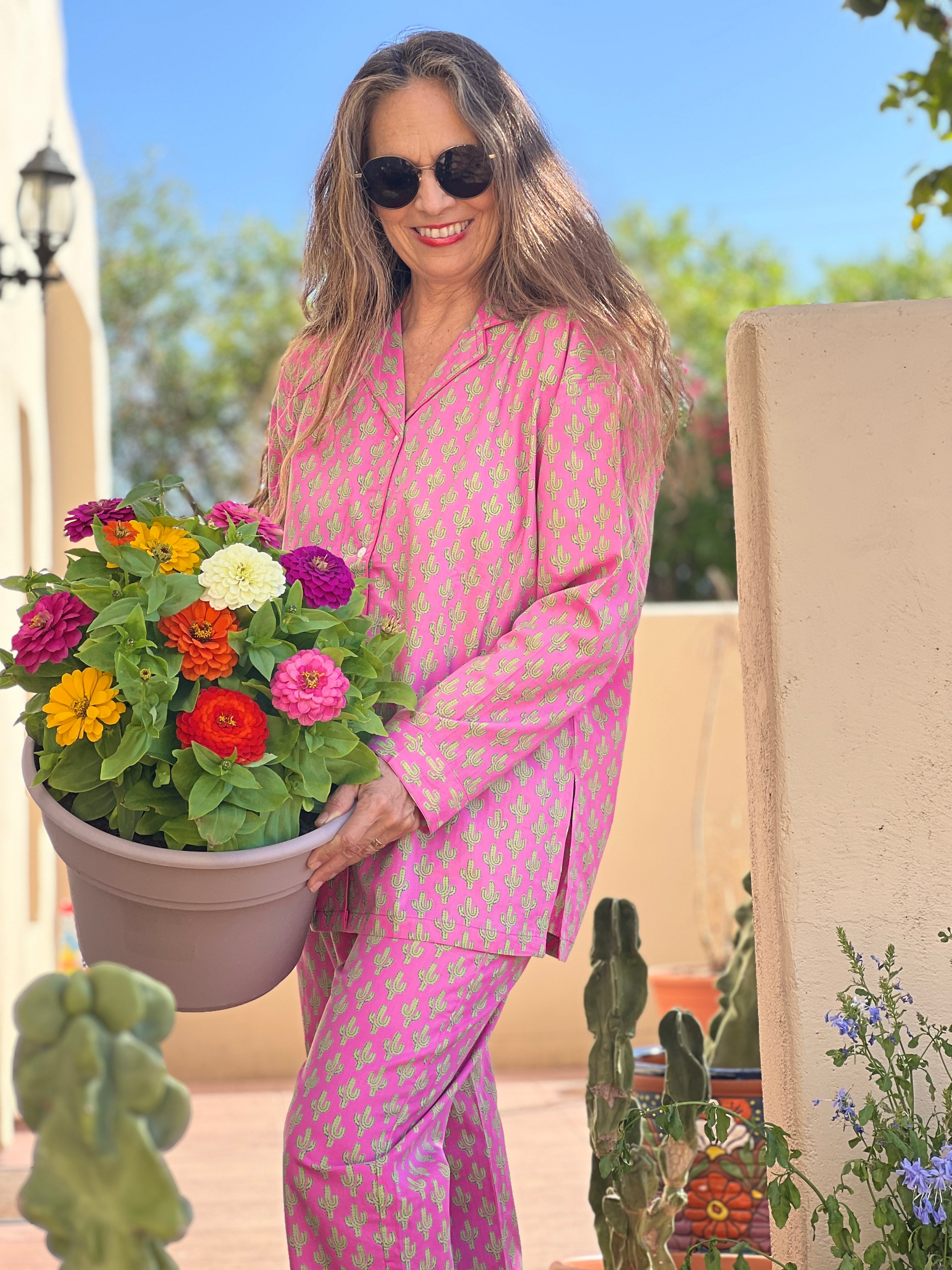 Prickly Pax Pink Cactus Pajamas Long Sleeve Hand Printed