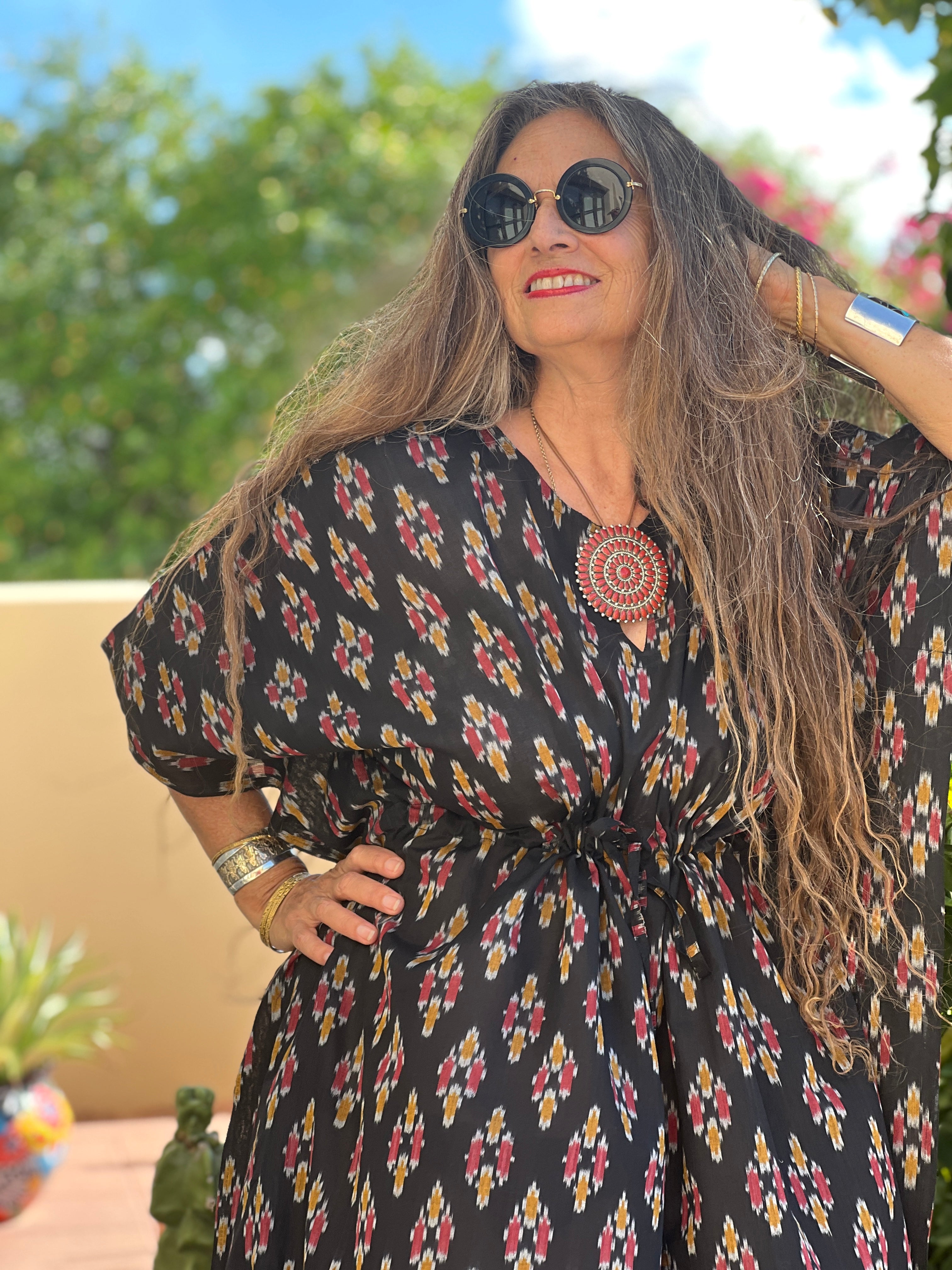 Maracanda Handwoven Cotton Ikat Maxi Kaftan Dress Store Credit