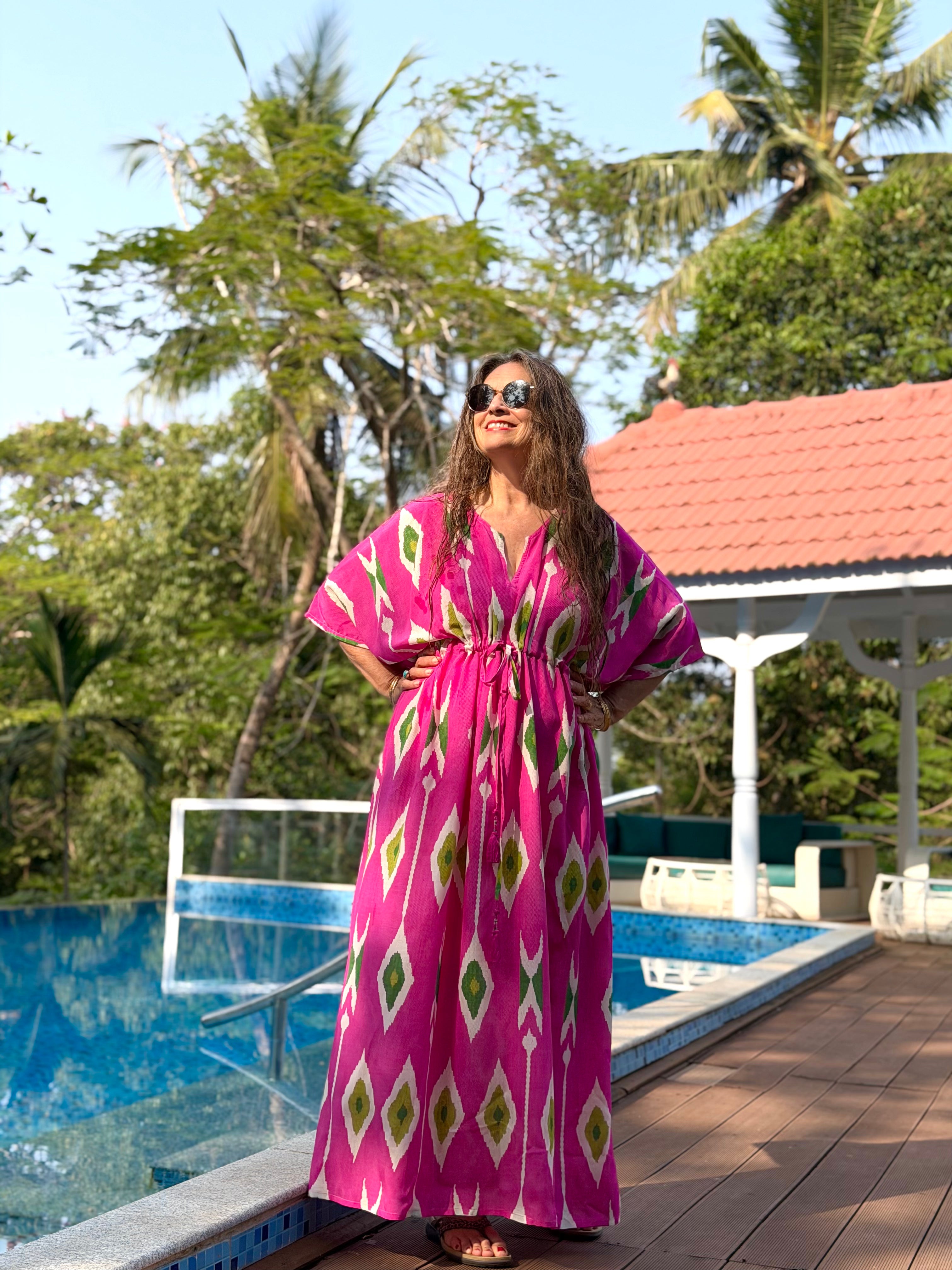 Tashkent Fuchsia Ikat Italian Silk Maxi Kaftan