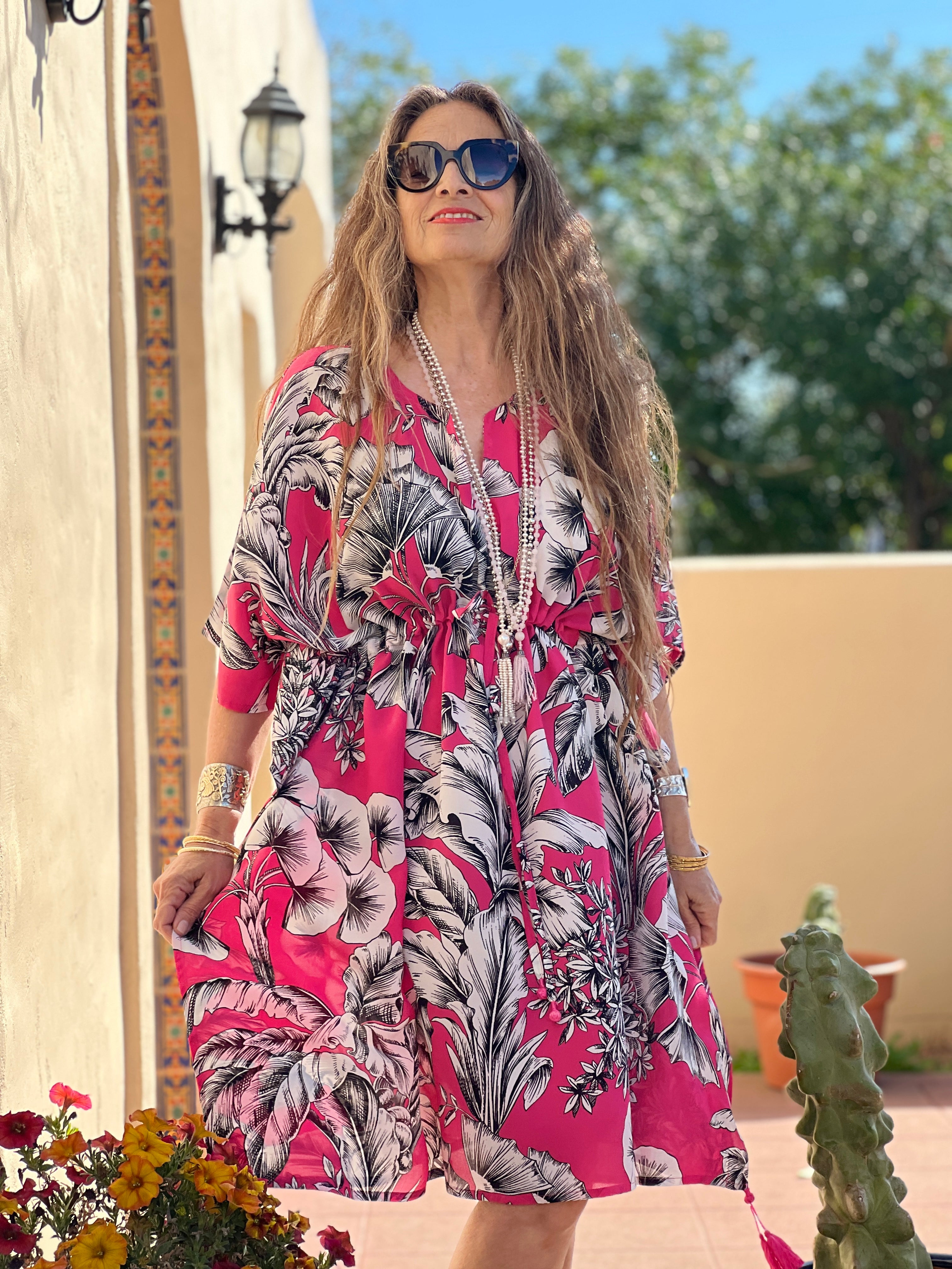 Giardino Azalea Italian Silk Midi Kaftan Dress