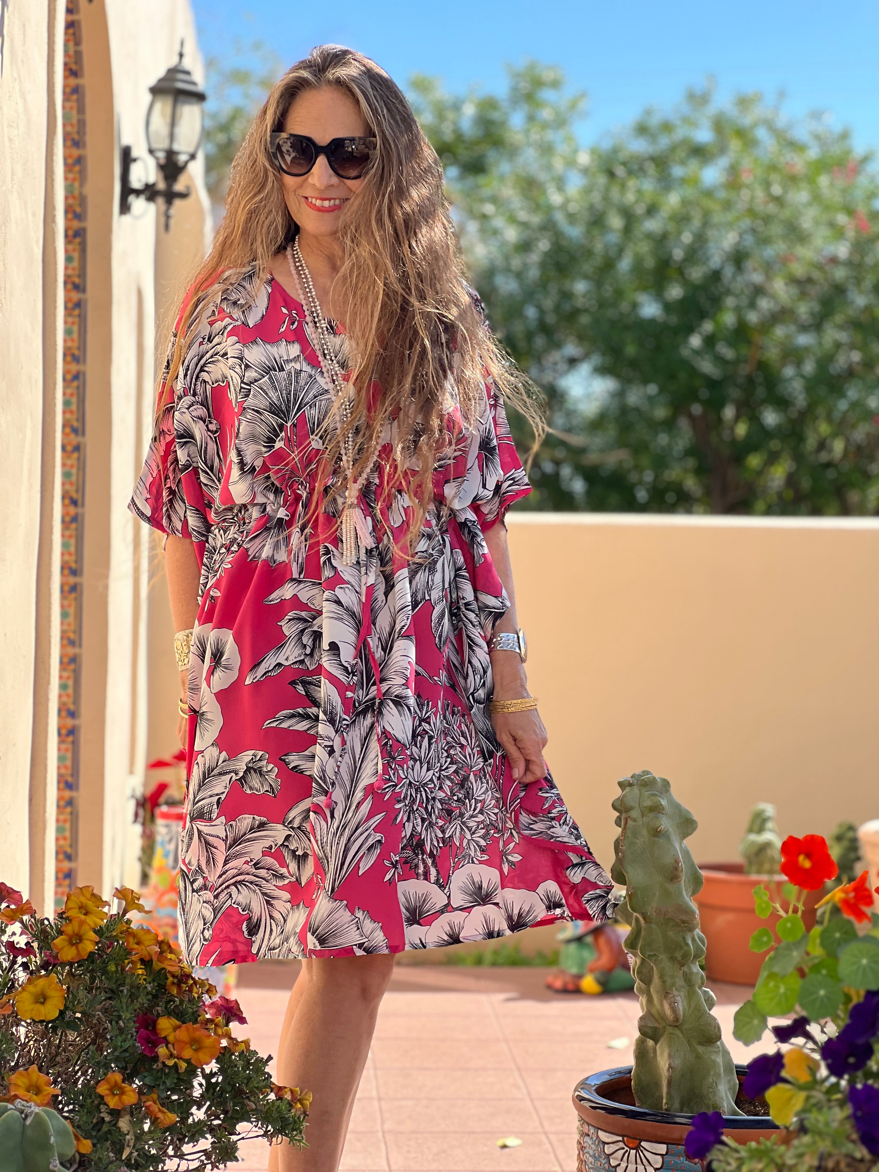 Giardino Azalea Italian Silk Midi Kaftan Dress