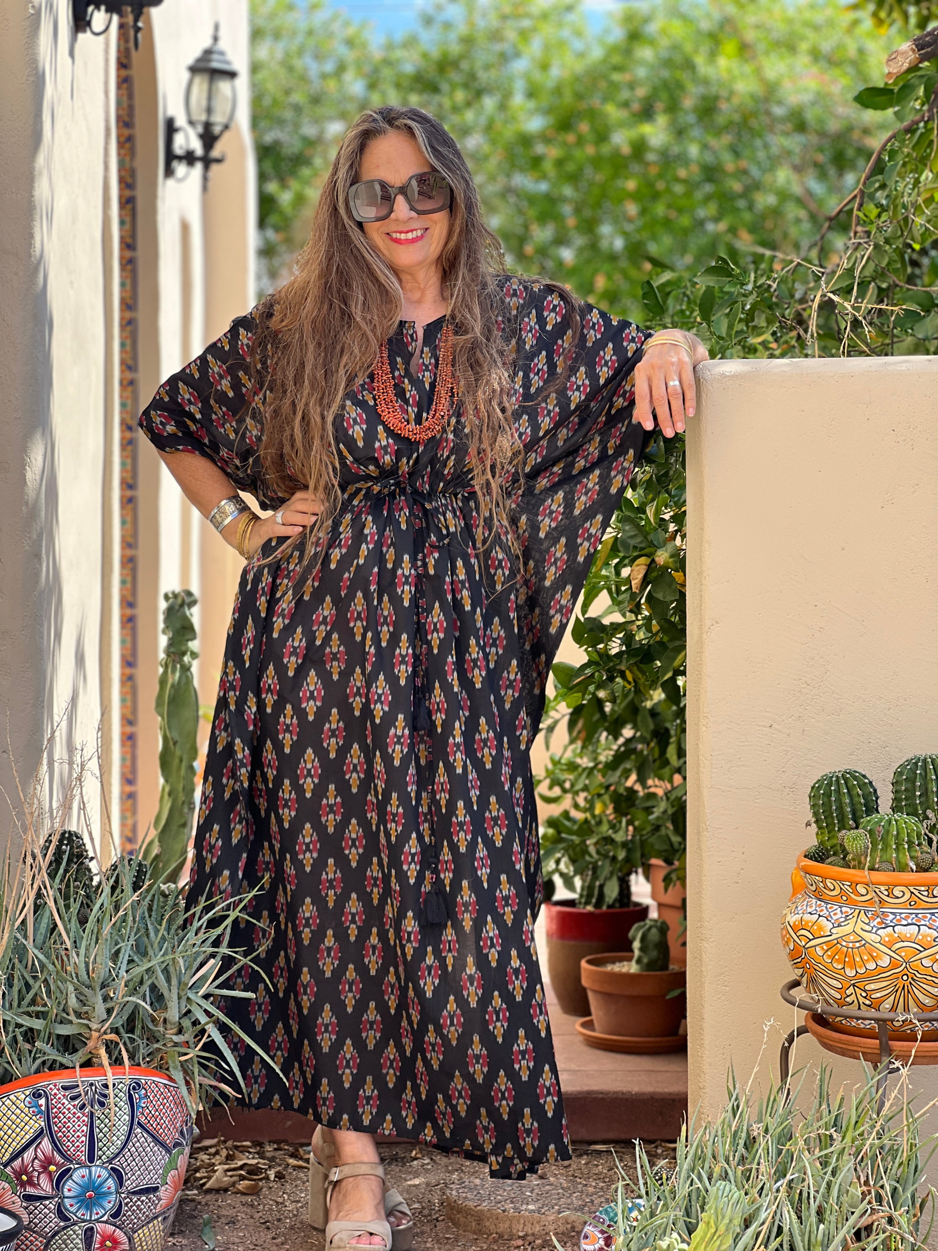Maracanda Handwoven Cotton Ikat Maxi Kaftan Dress Store Credit