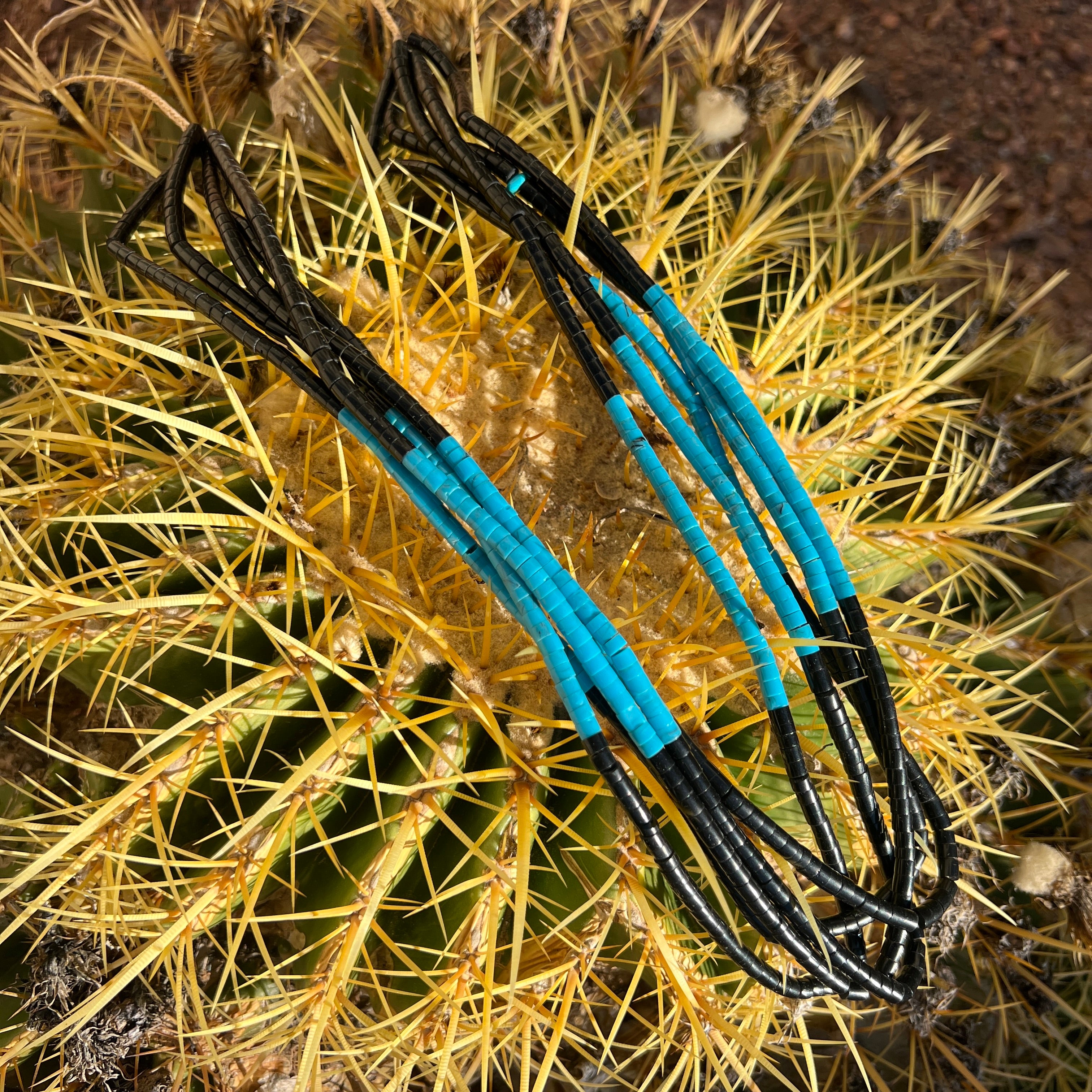 Turquoise and Black Jet Five Strand Necklace Santo Domingo