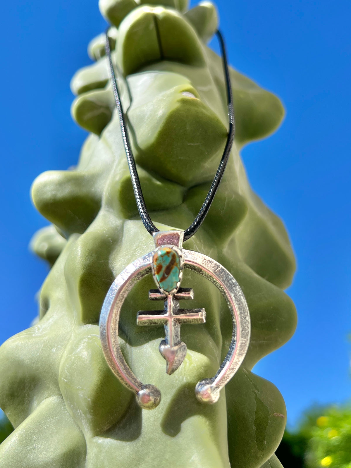 Navajo Pueblo Cross Silver and Kingman Turquoise Pendant Necklace