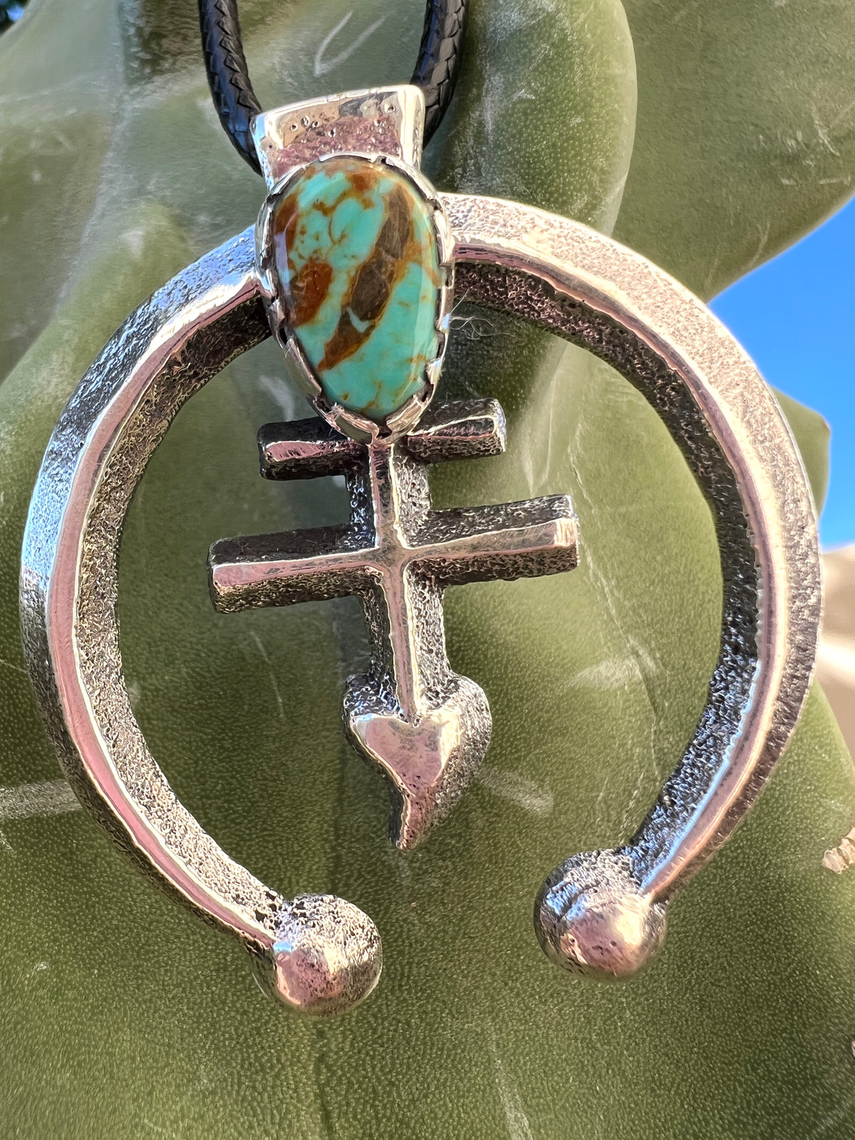 Navajo Pueblo Cross Silver and Kingman Turquoise Pendant Necklace