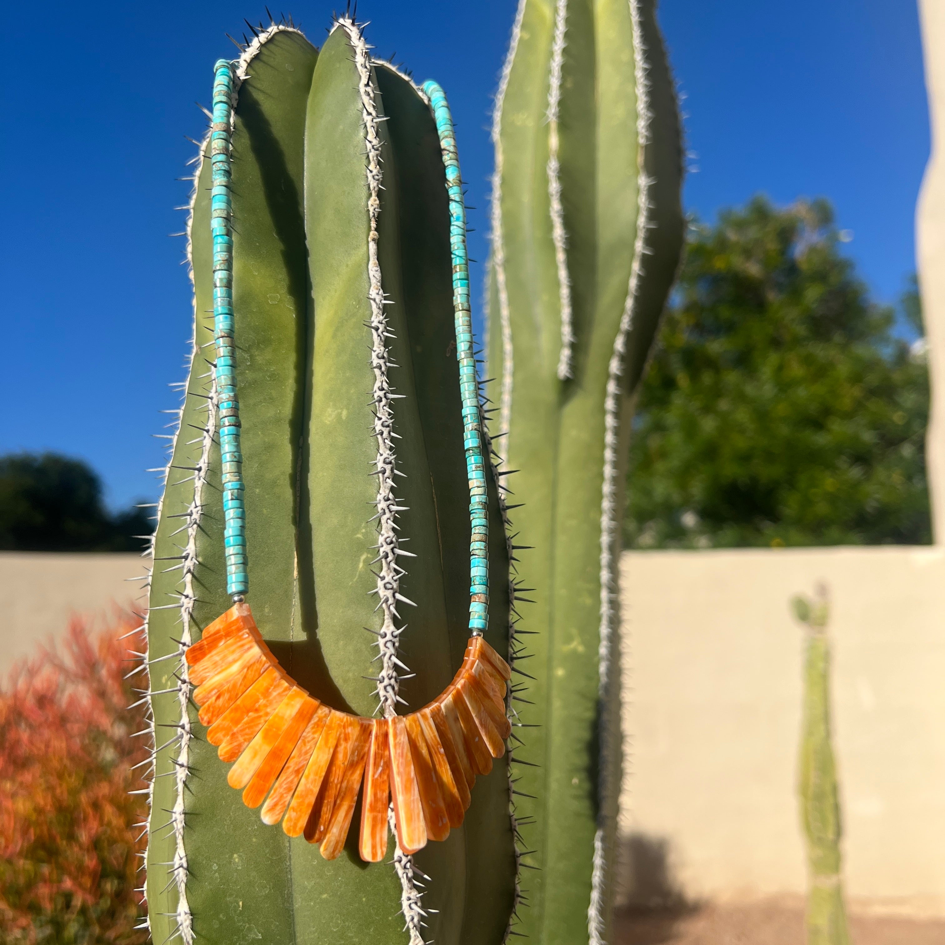 Turquoise with Orange Spiny Oyster Shell Necklace Santo Domingo