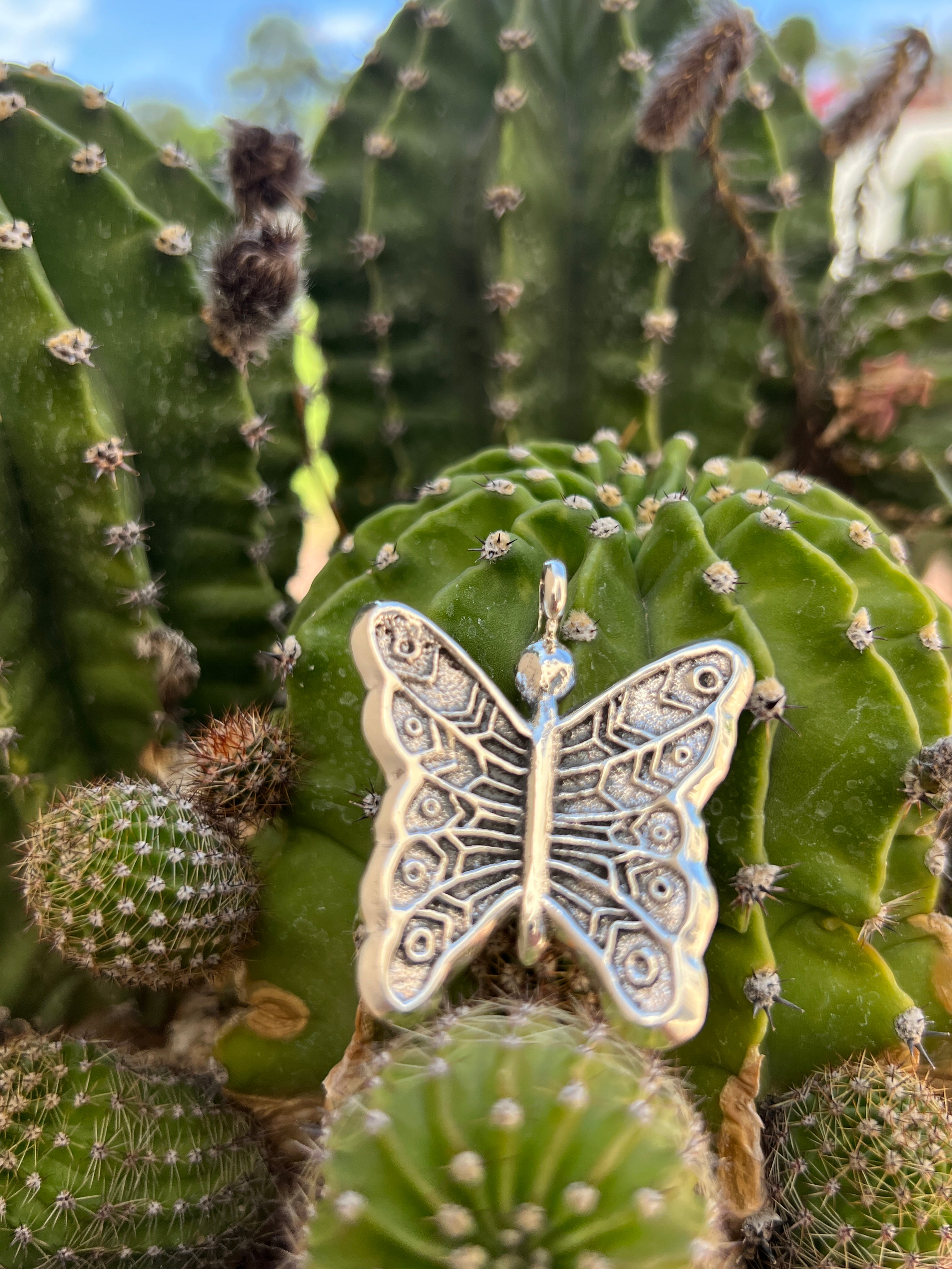 Navajo Silver Butterfly Pendant Necklace Tufa Cast