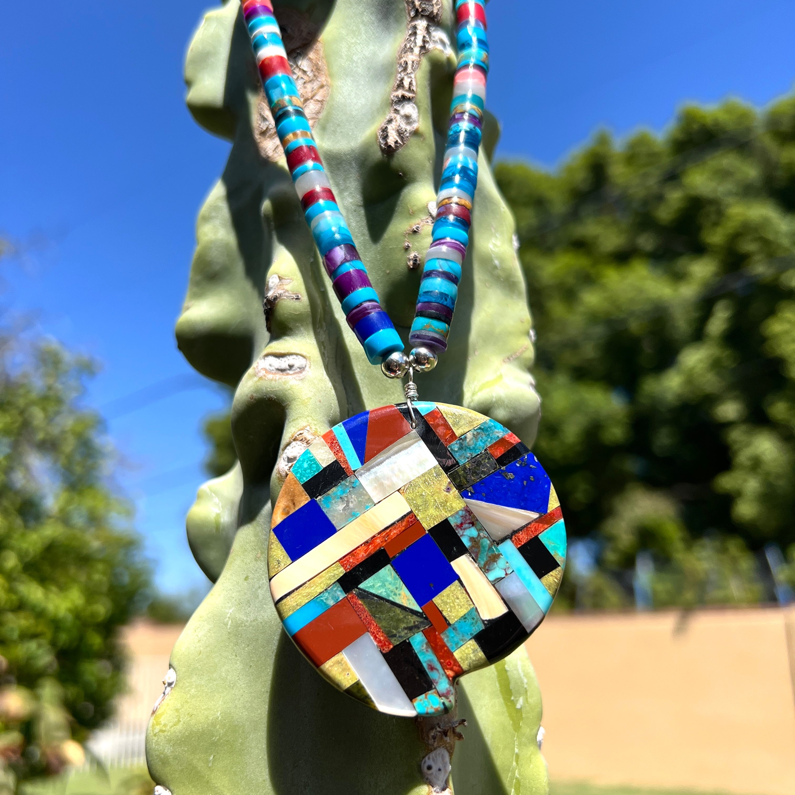 Mosaic Inlay Turquoise Multi Stone Inlay Pendant Necklace Santo Domingo