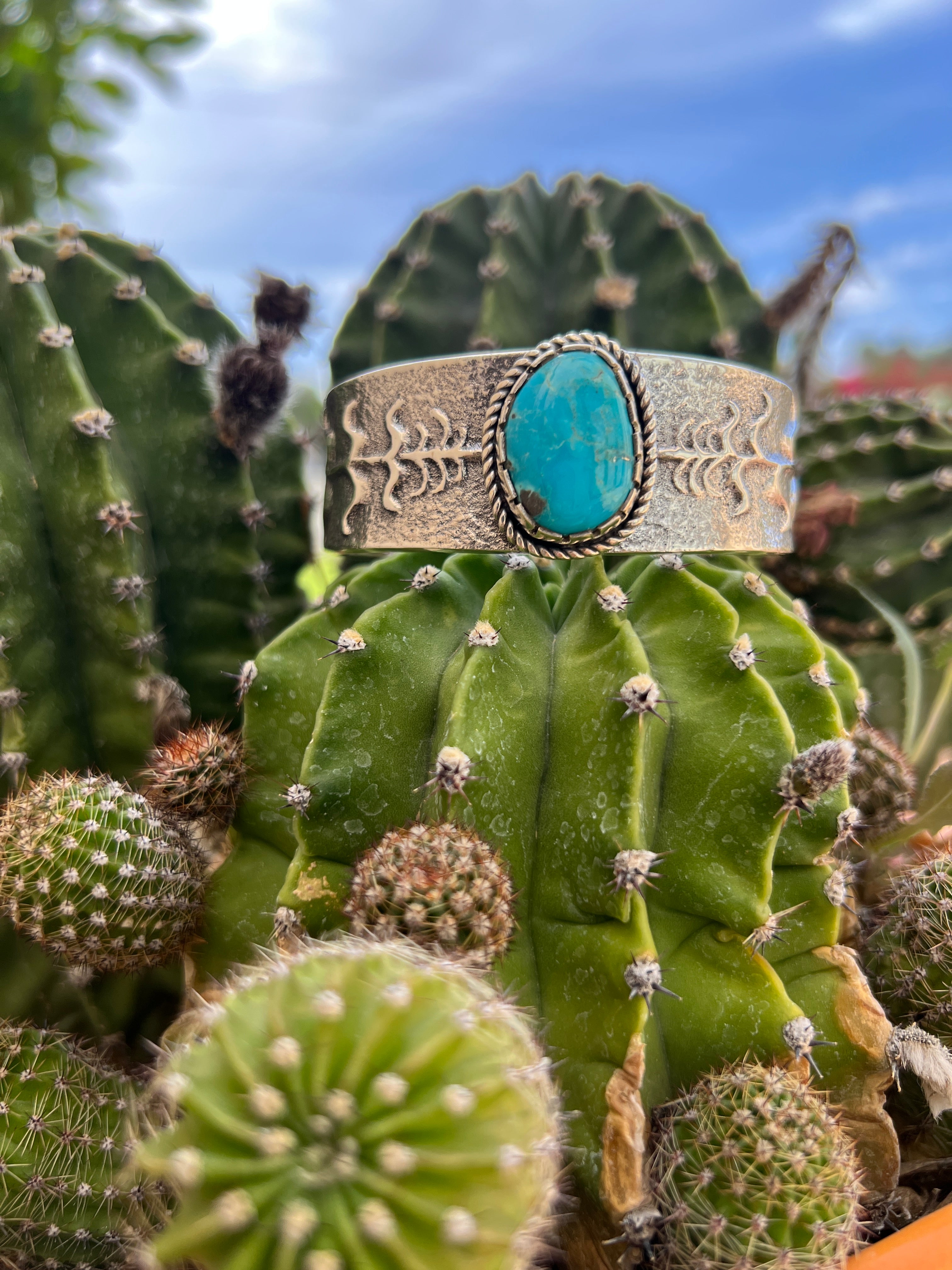 Navajo Silver and Kingman Turquoise Cuff Tufa Cast
