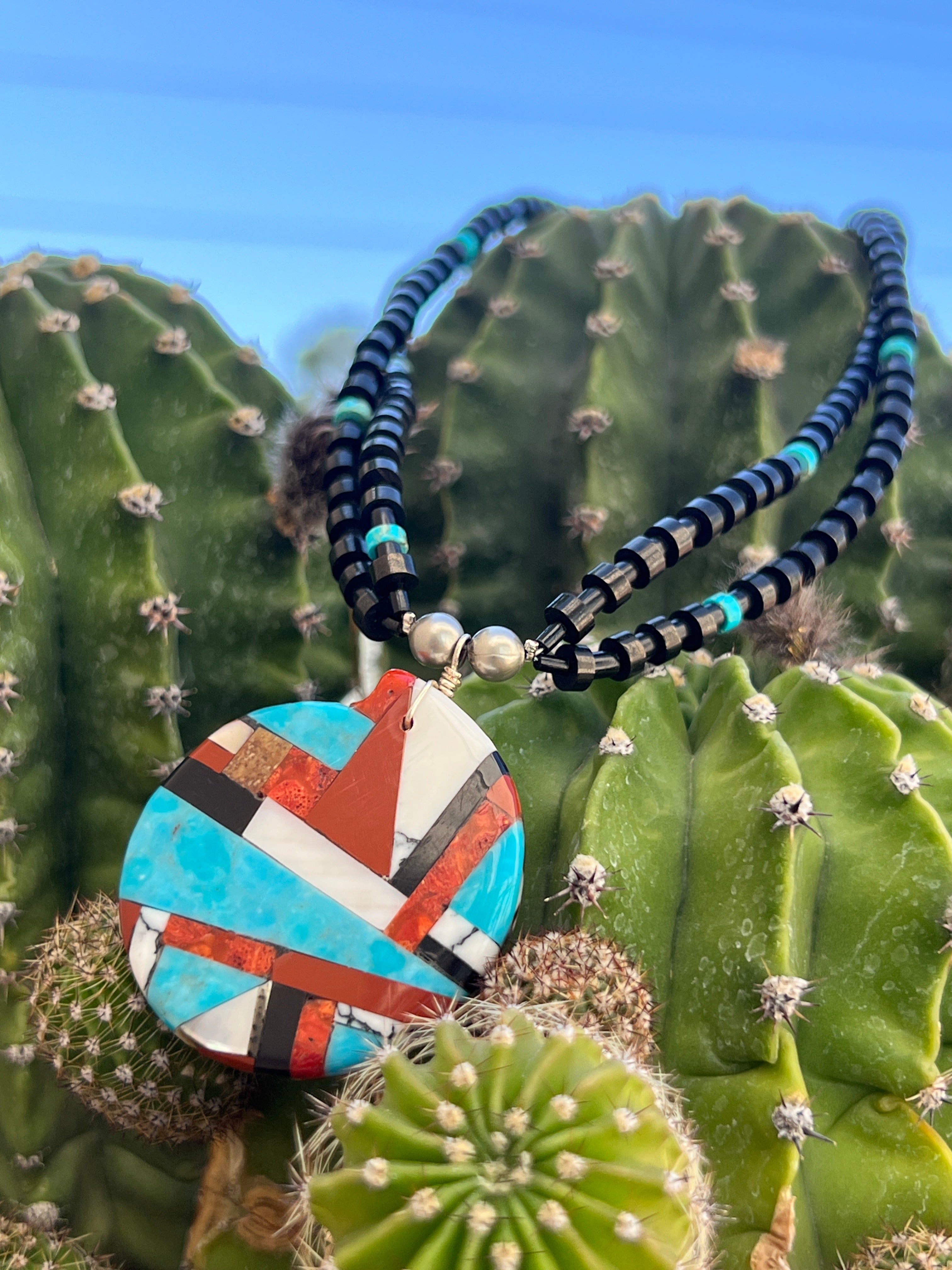 Mosaic Turquoise Inlay Shell Necklace Santo Domingo Reversible