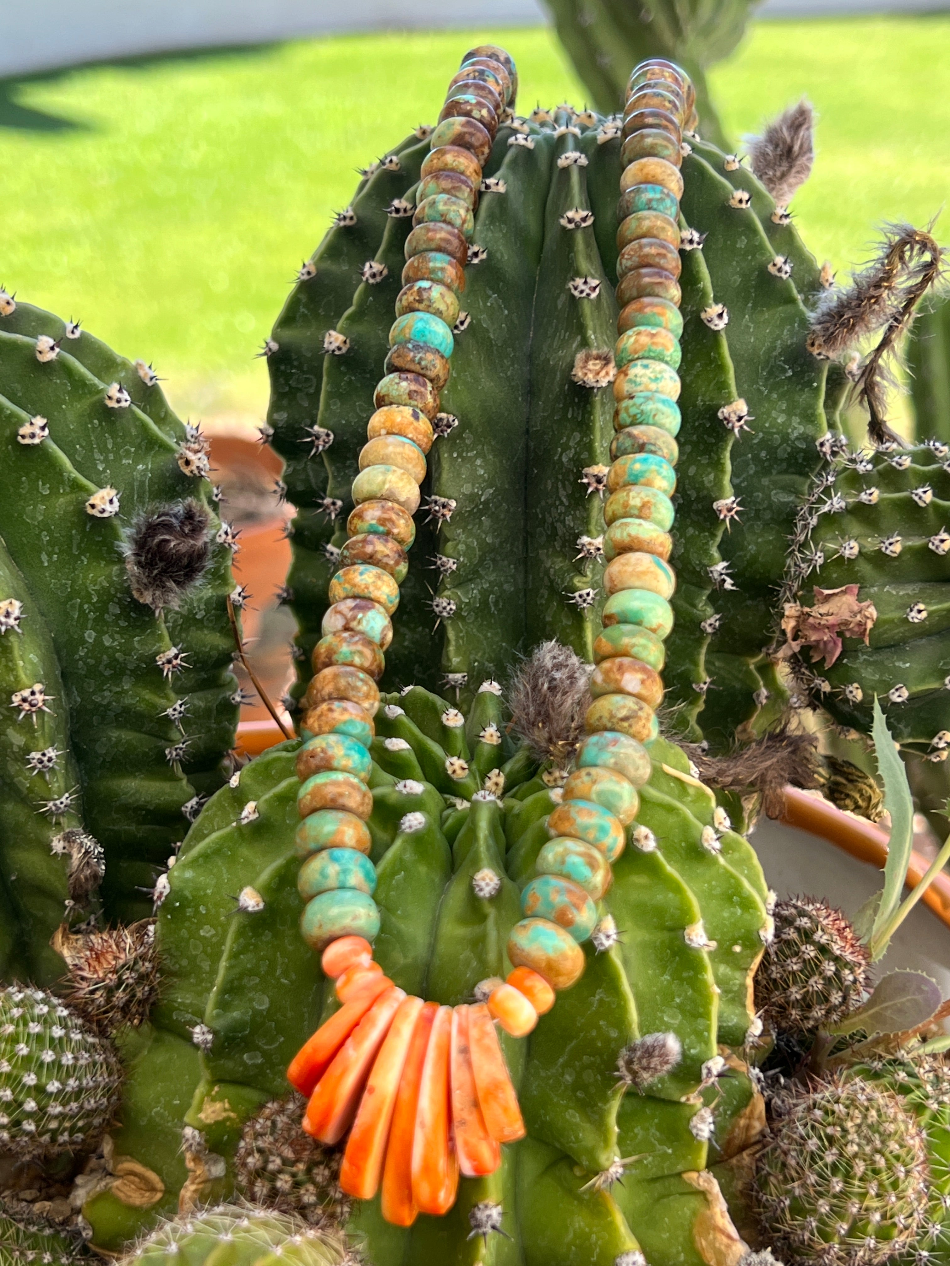 Nevada Green Turquoise and Orange Spiny Oyster Necklace Santo Domingo