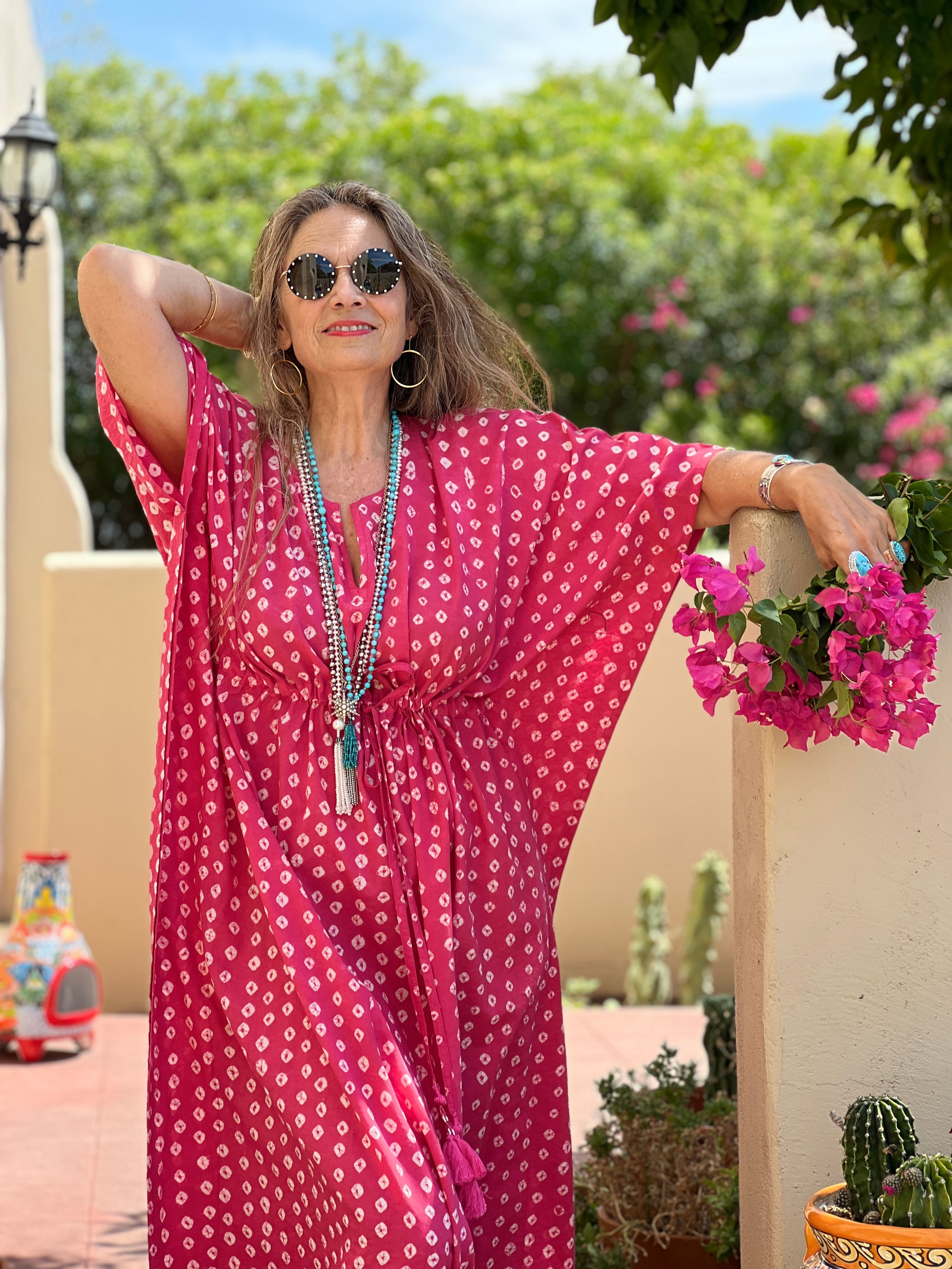 Passe-Partout Pink Polka Dot Hand Tie Dyed Maxi Kaftan Dress