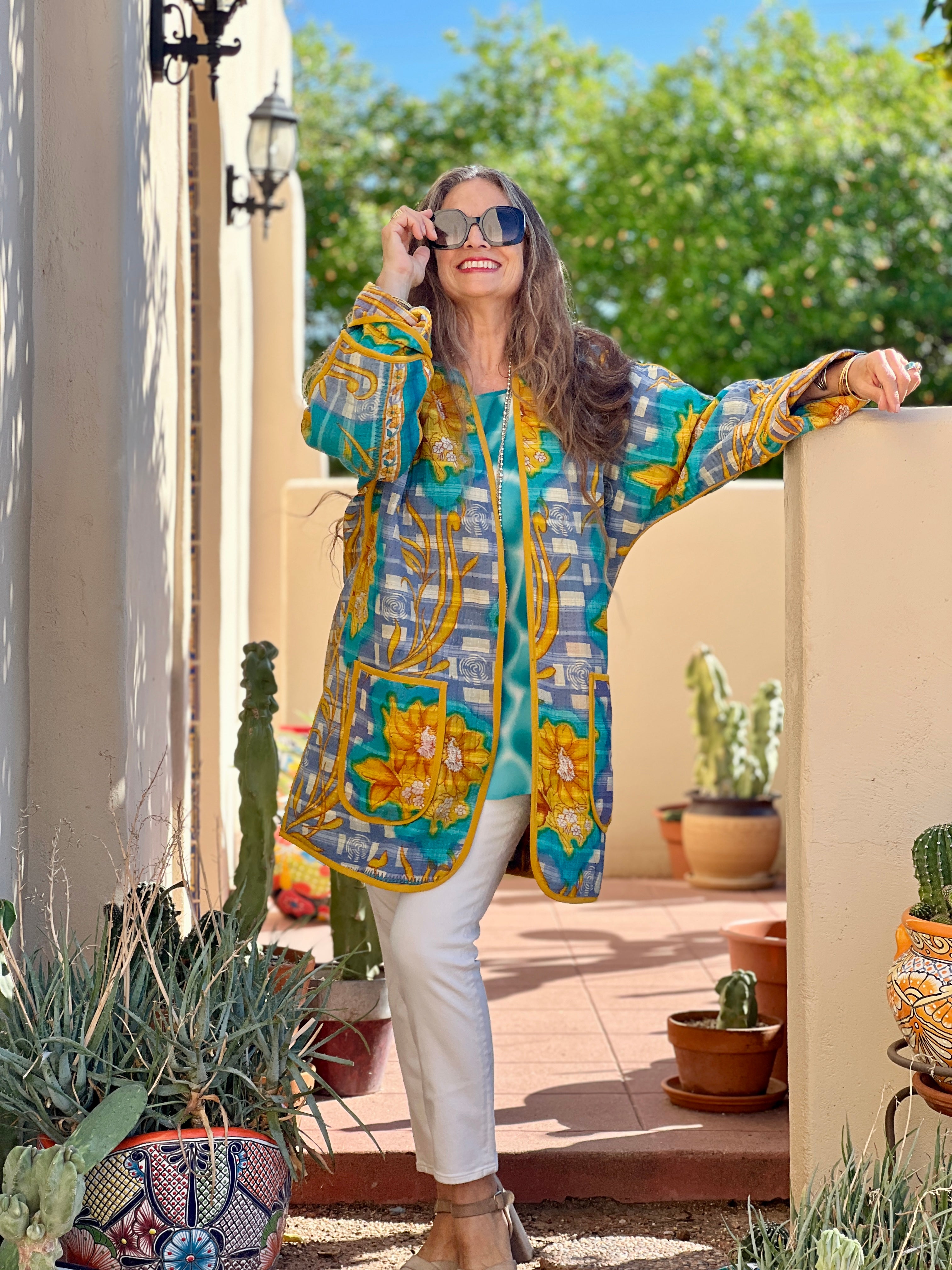 Firoza Floral Cotton Kantha Coat One of a Kind