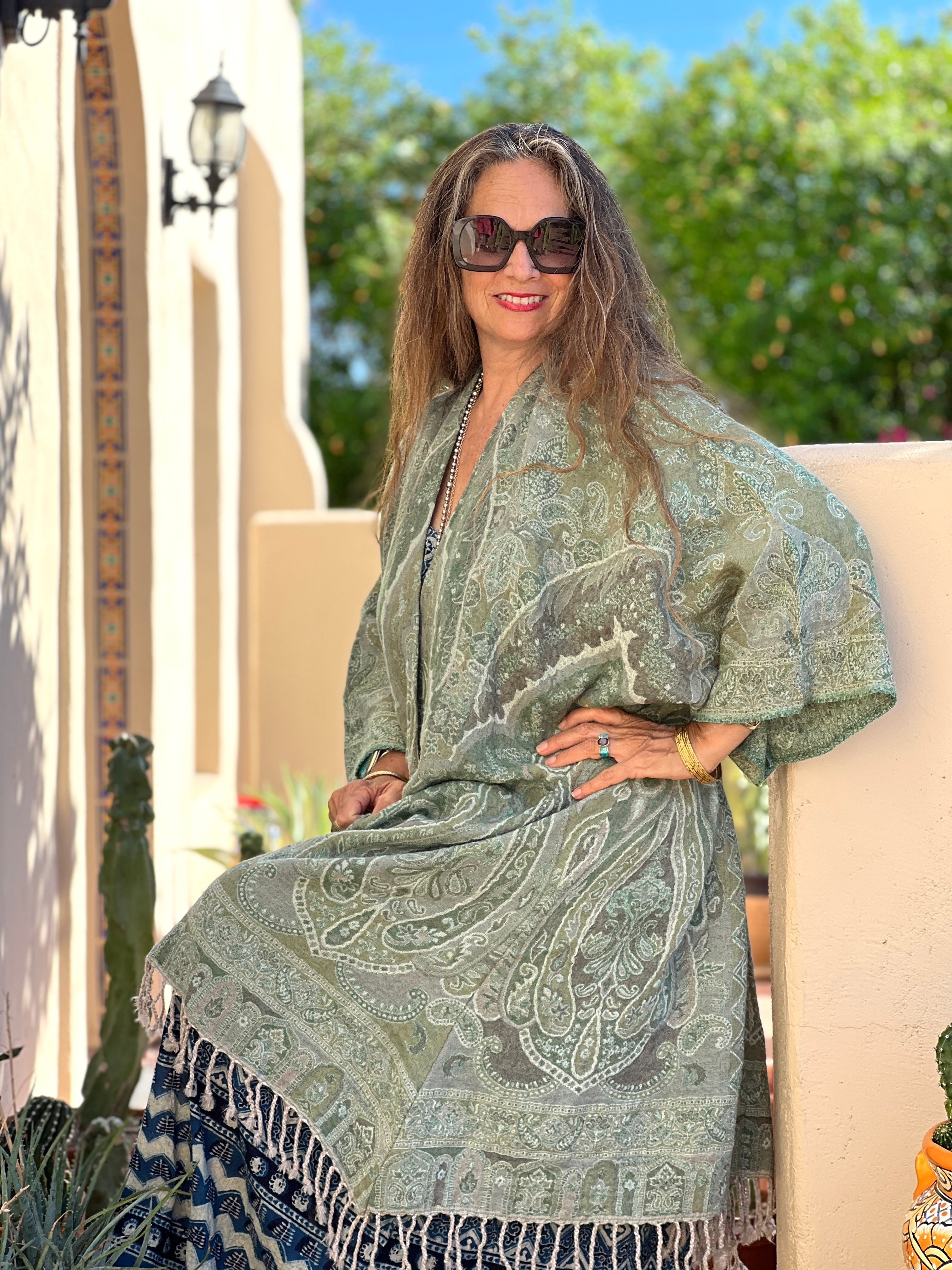 Hara Green Paisley Boiled Wool Kimono Coat