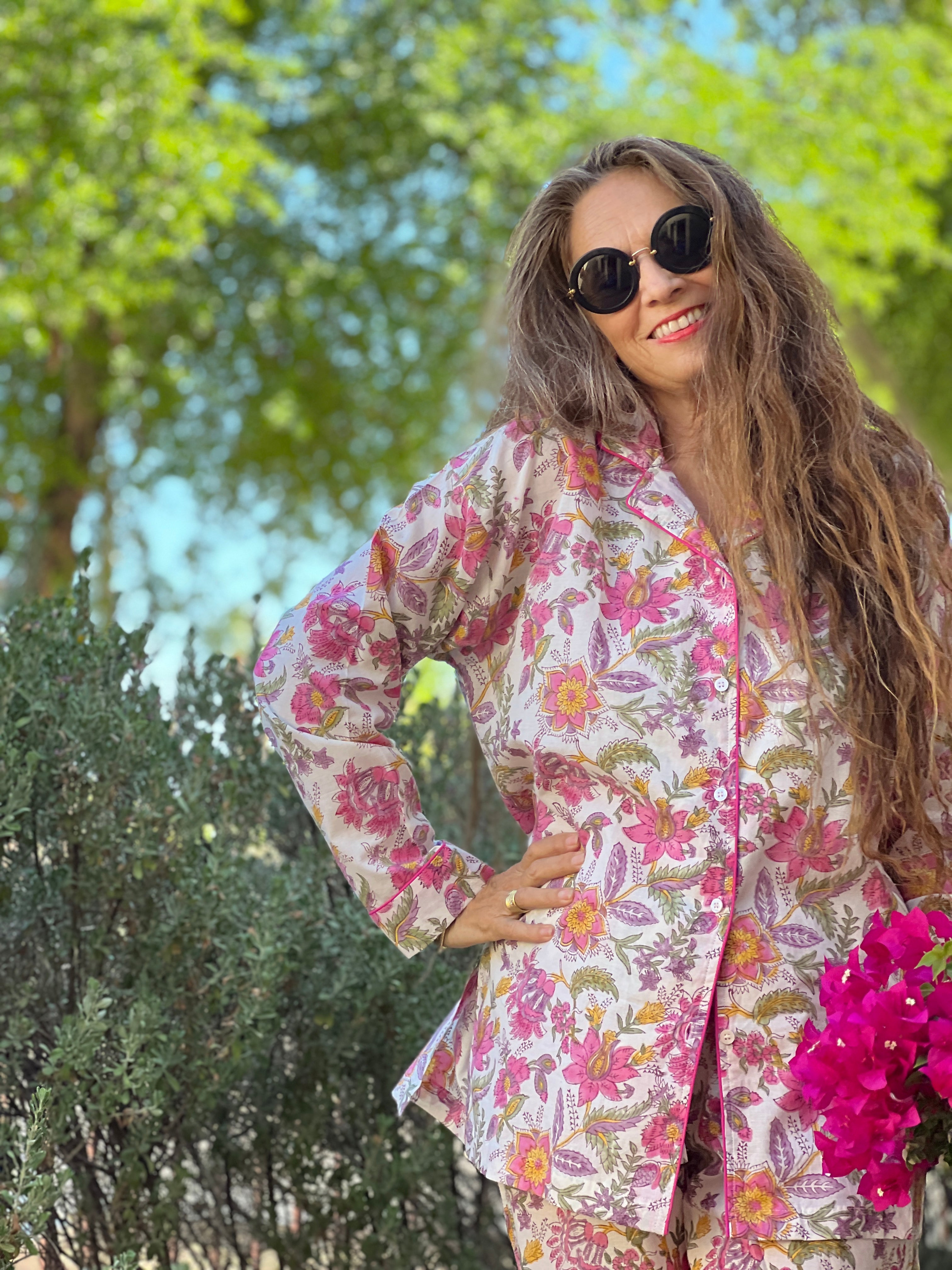 Primrose Pink Floral Long Sleeve Pajamas Hand Printed