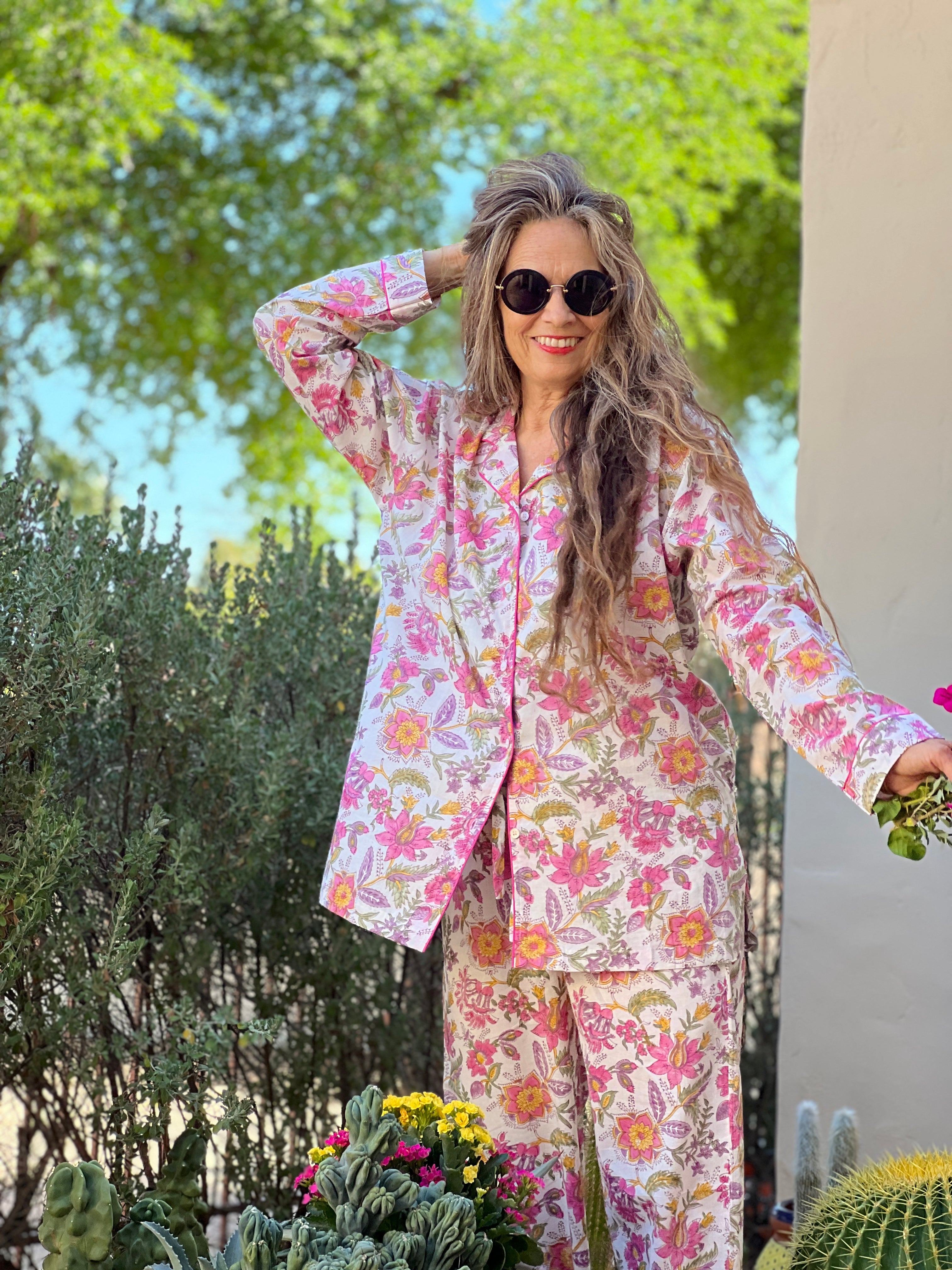 Primrose Pink Floral Long Sleeve Pajamas Hand Printed