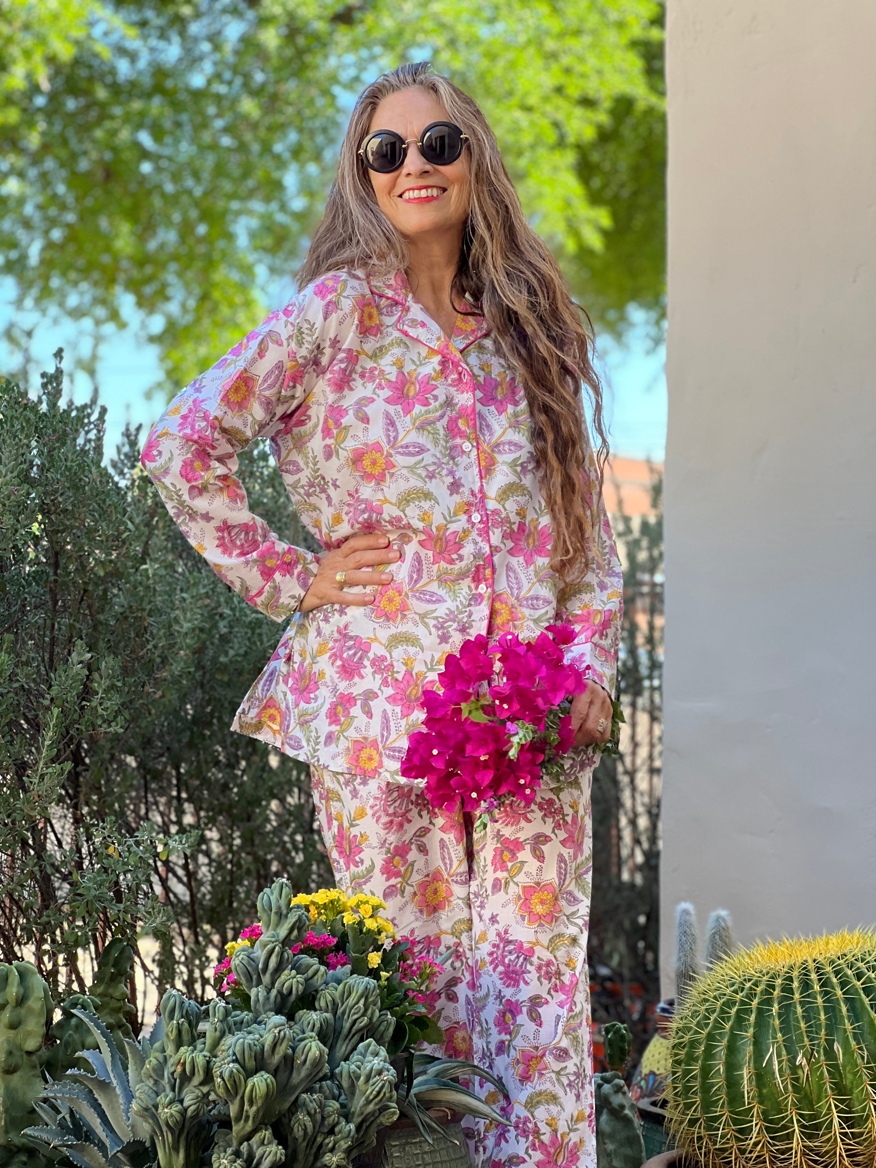 Primrose Pink Floral Long Sleeve Pajamas Hand Printed