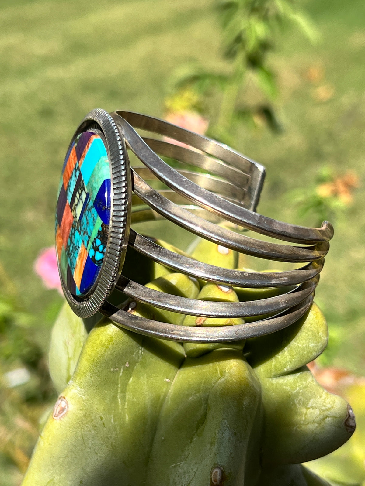 Vintage Navajo Turquoise and Silver Multi Stone Inlay Bracelet