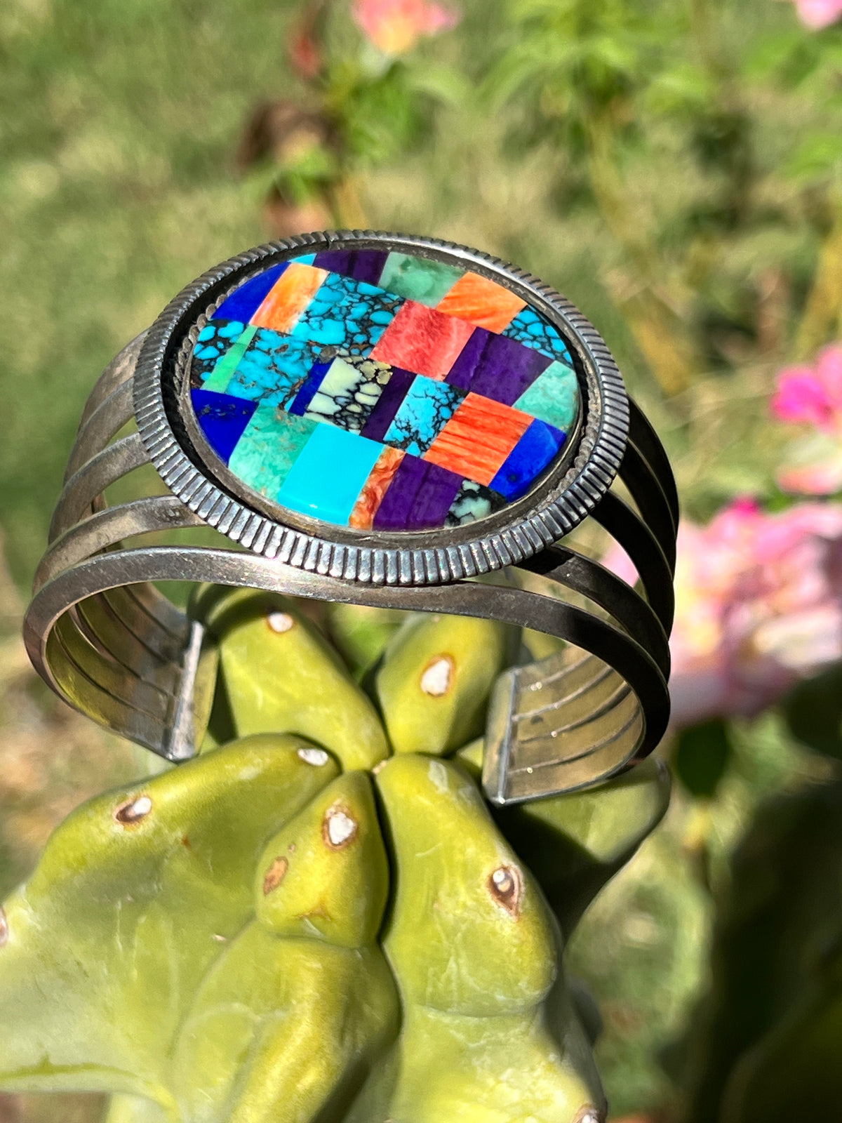 Vintage Navajo Turquoise and Silver Multi Stone Inlay Bracelet