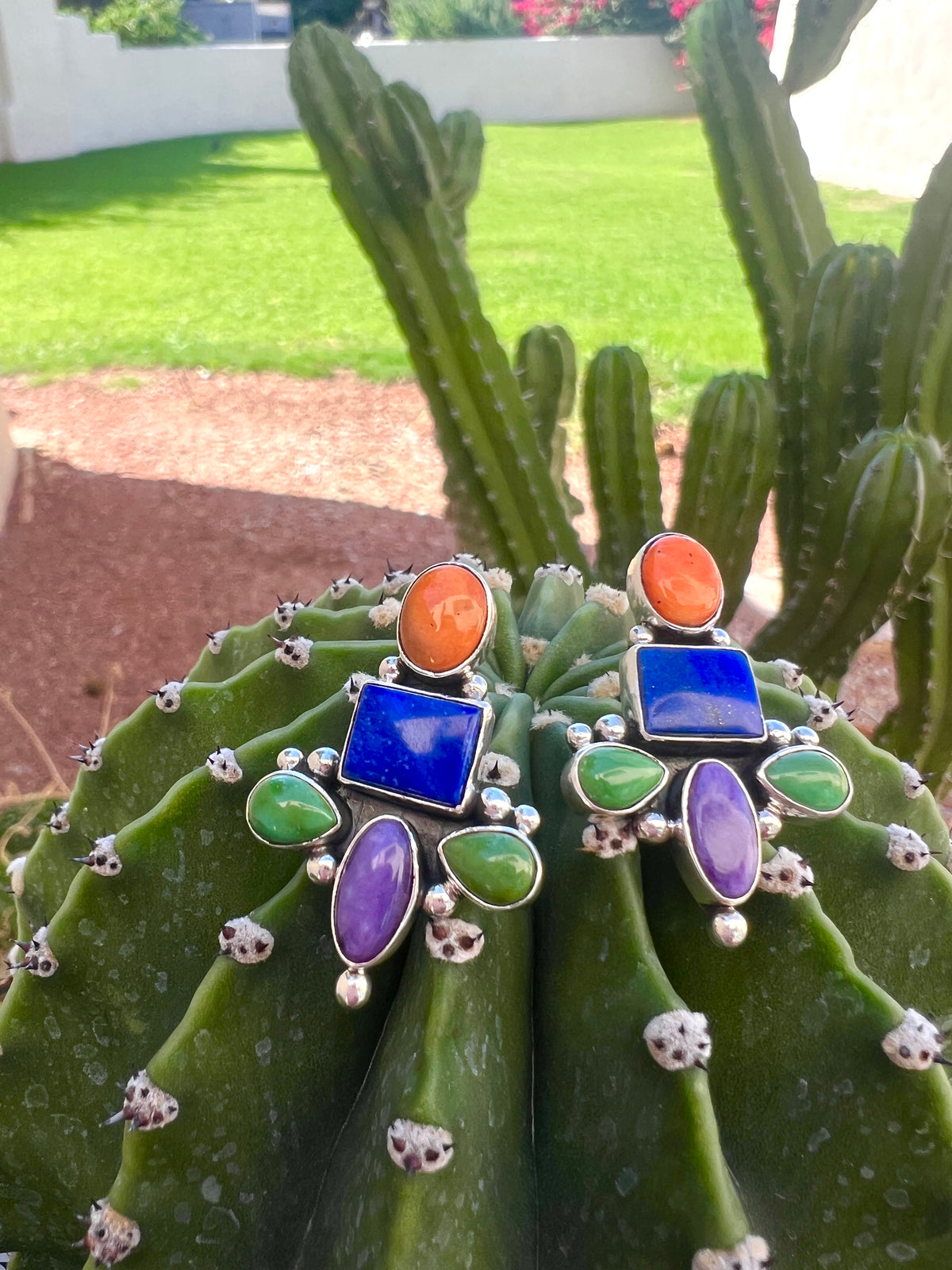 Royston Turquoise, Lapis, Orange Spiny Oyster and Silver Multi stone Earrings Navajo