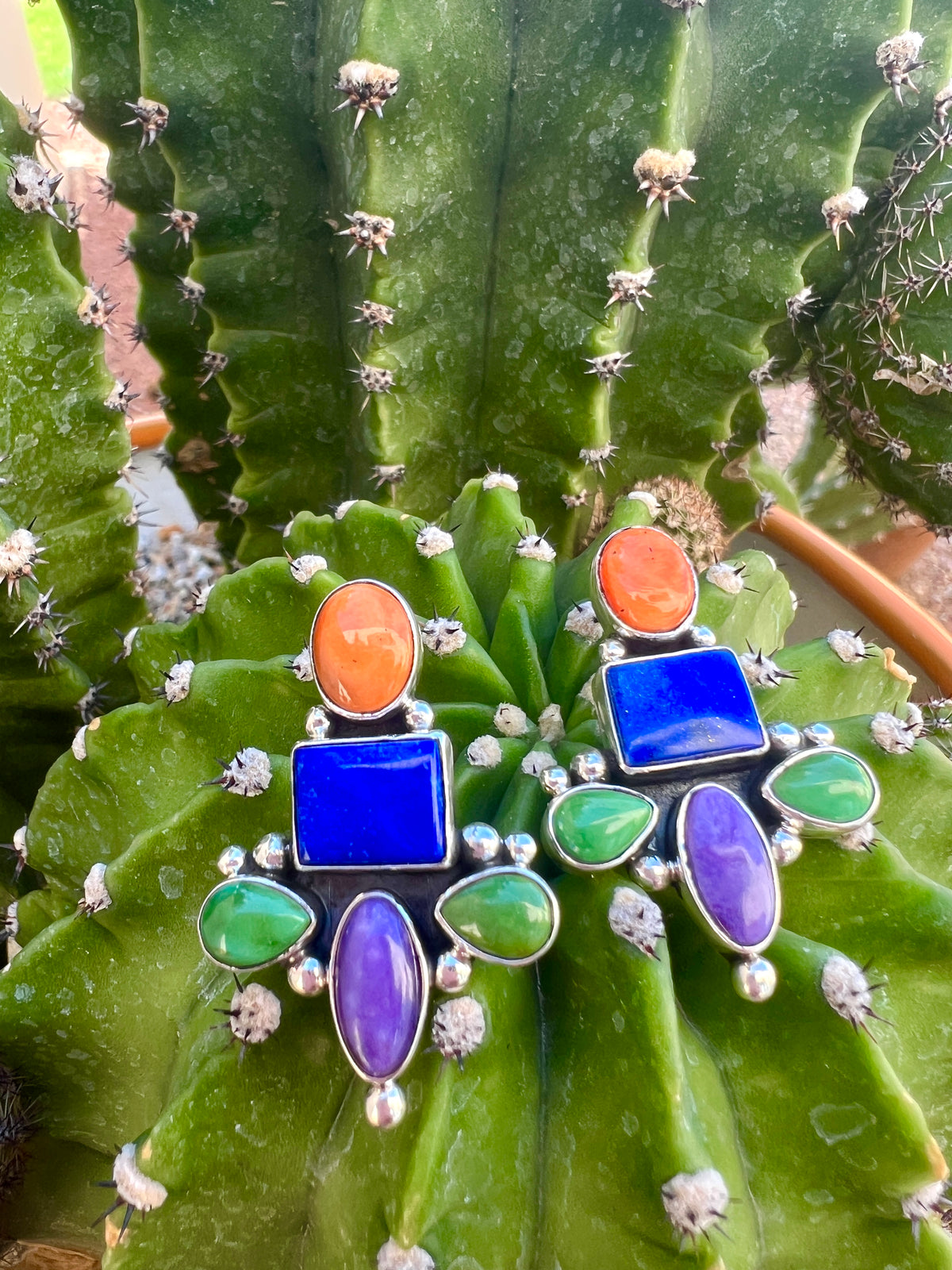 Royston Turquoise, Lapis, Orange Spiny Oyster and Silver Multi stone Earrings Navajo