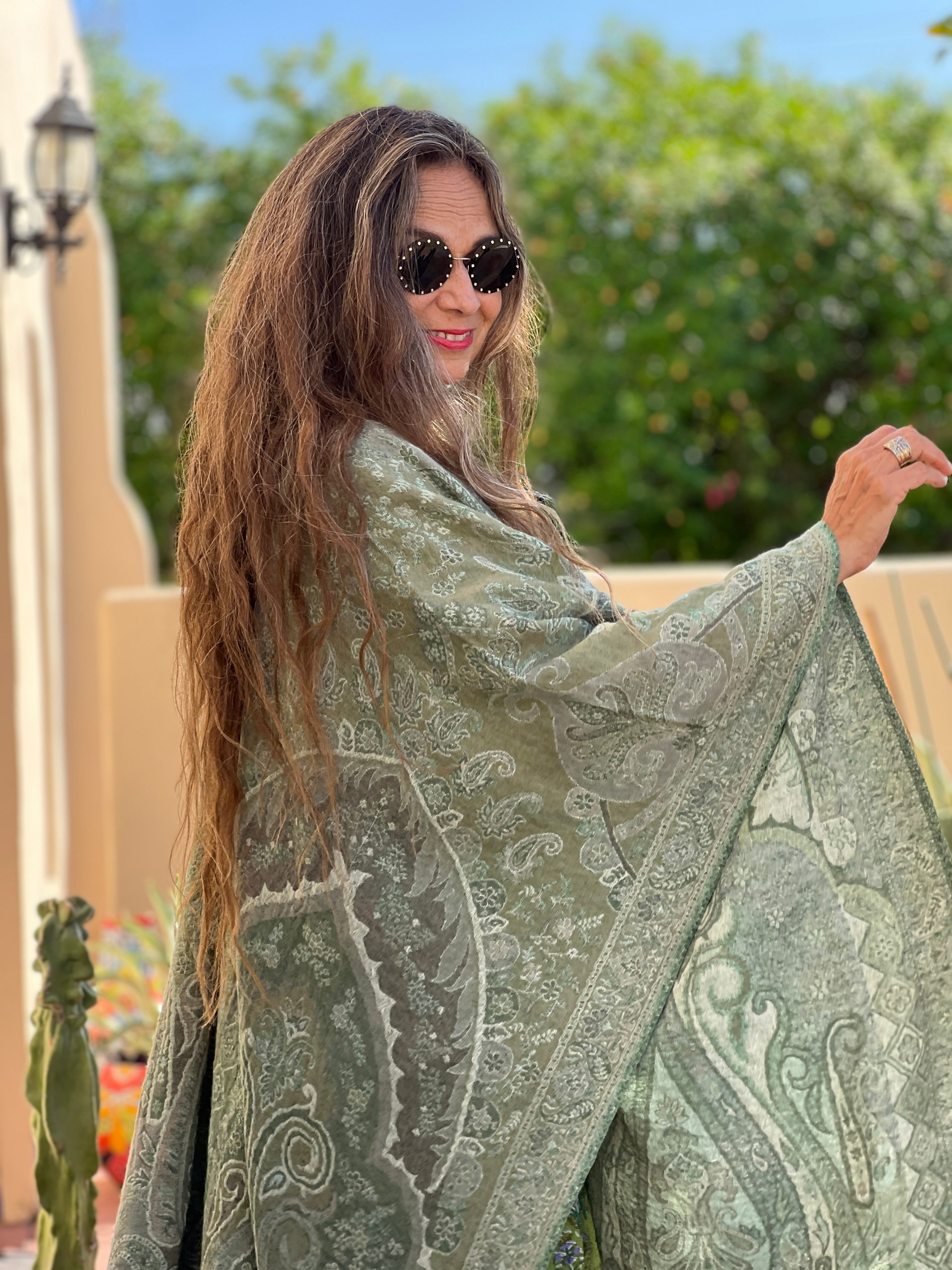 Hara Green Paisley Boiled Wool Poncho