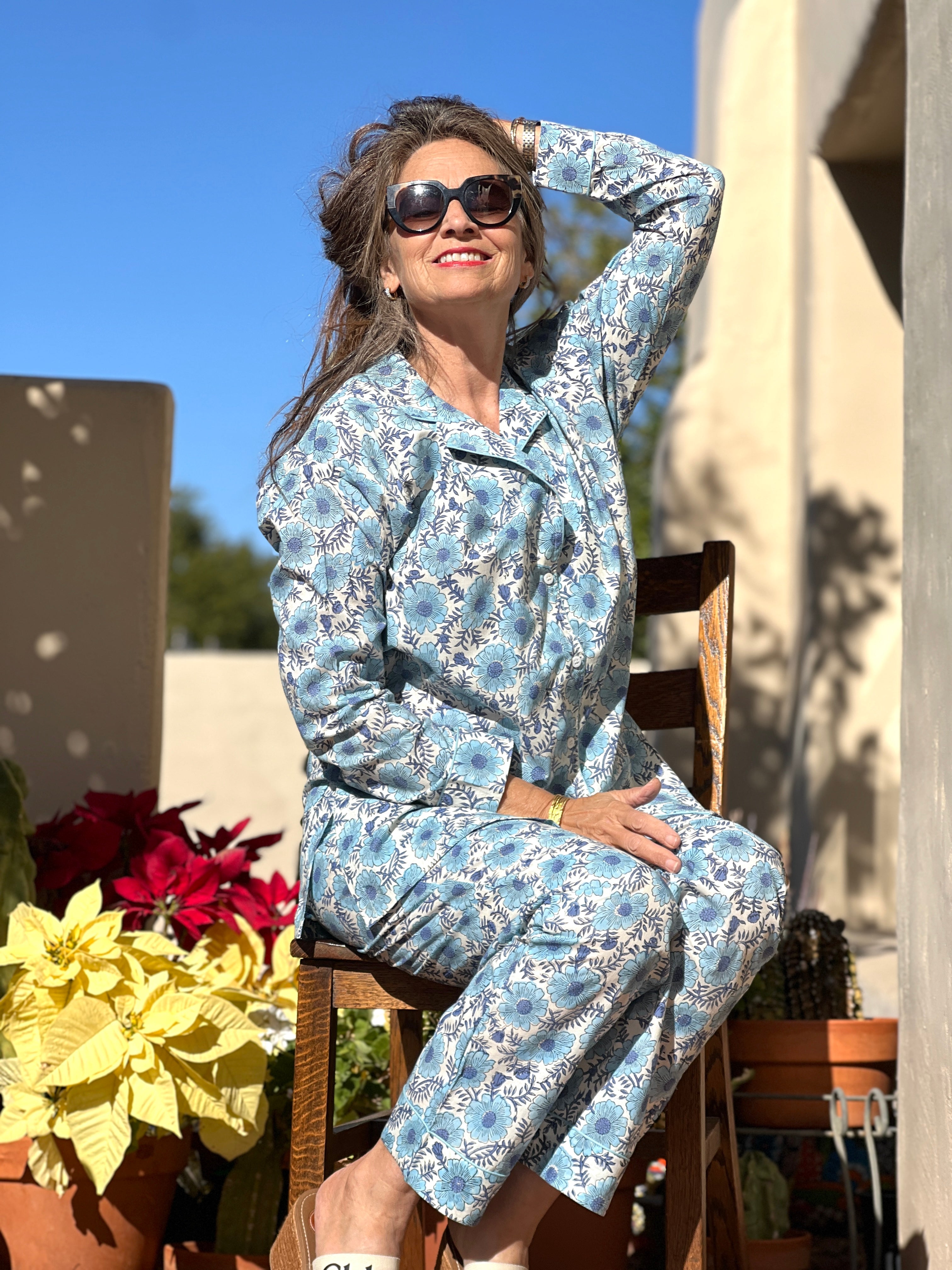 Benedetta Blue Floral Long Sleeve Pajamas Hand Printed