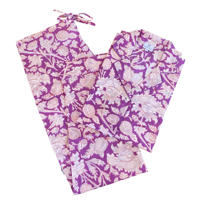 Laura Purple Floral Long Sleeve Pajamas Hand Printed