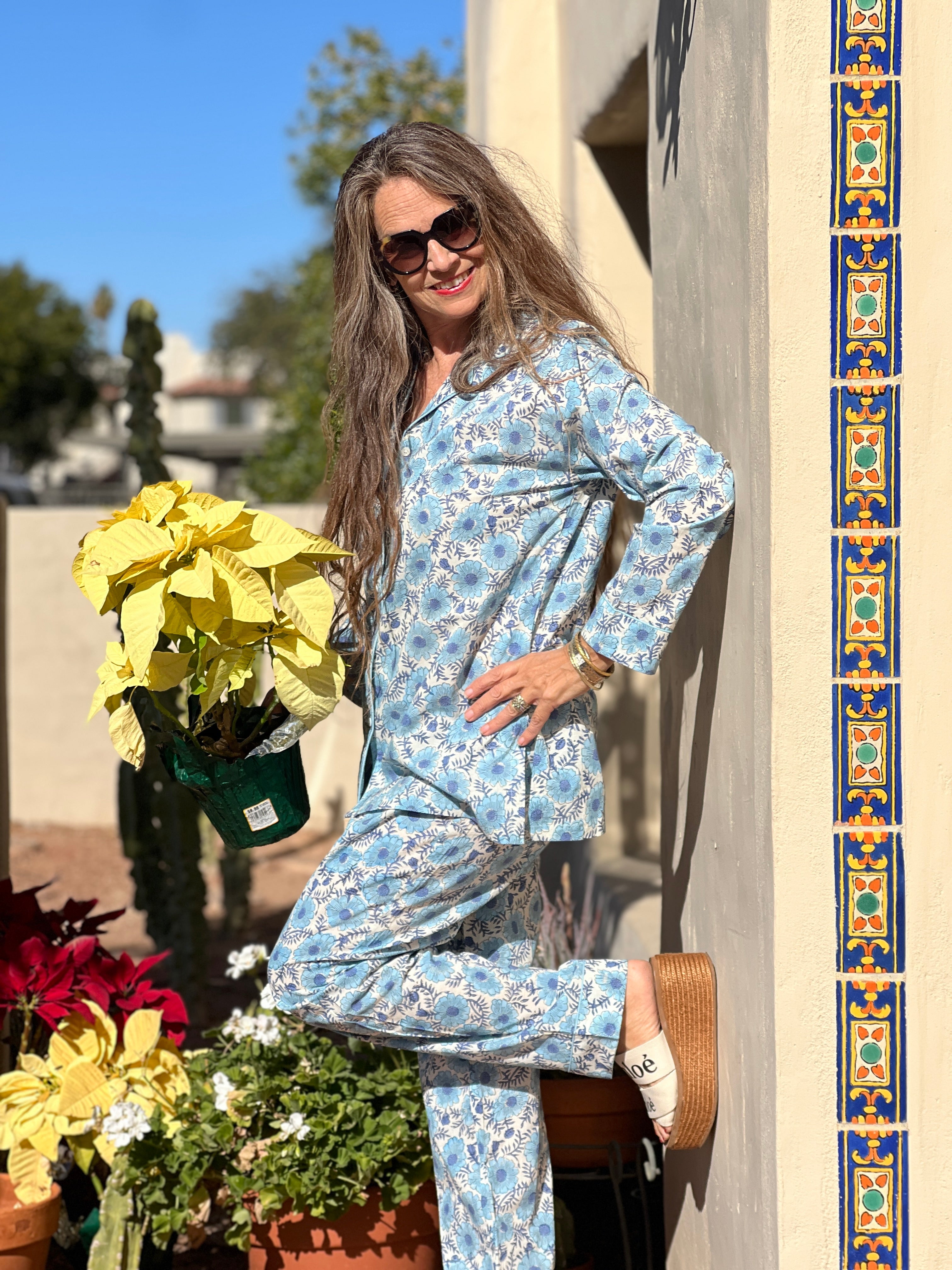 Benedetta Blue Floral Long Sleeve Pajamas Hand Printed