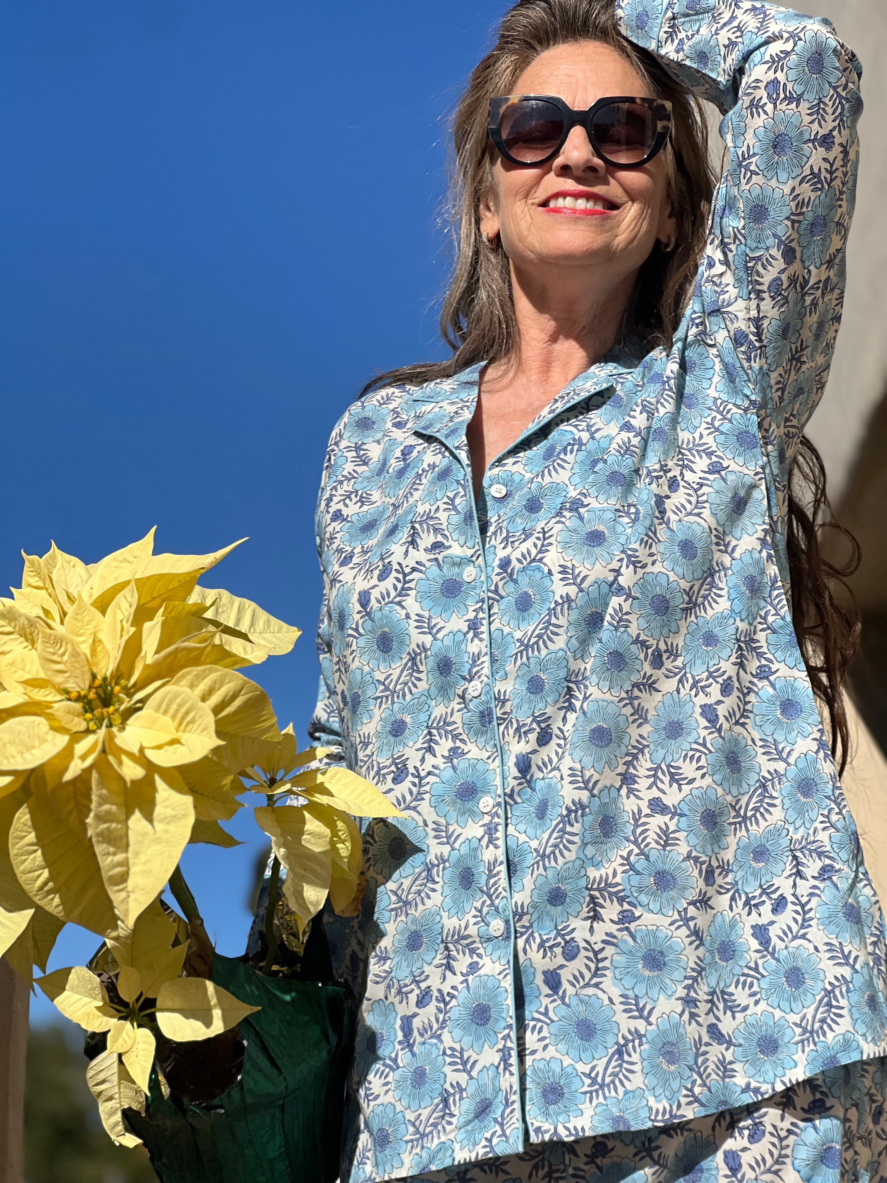 Benedetta Blue Floral Long Sleeve Pajamas Hand Printed