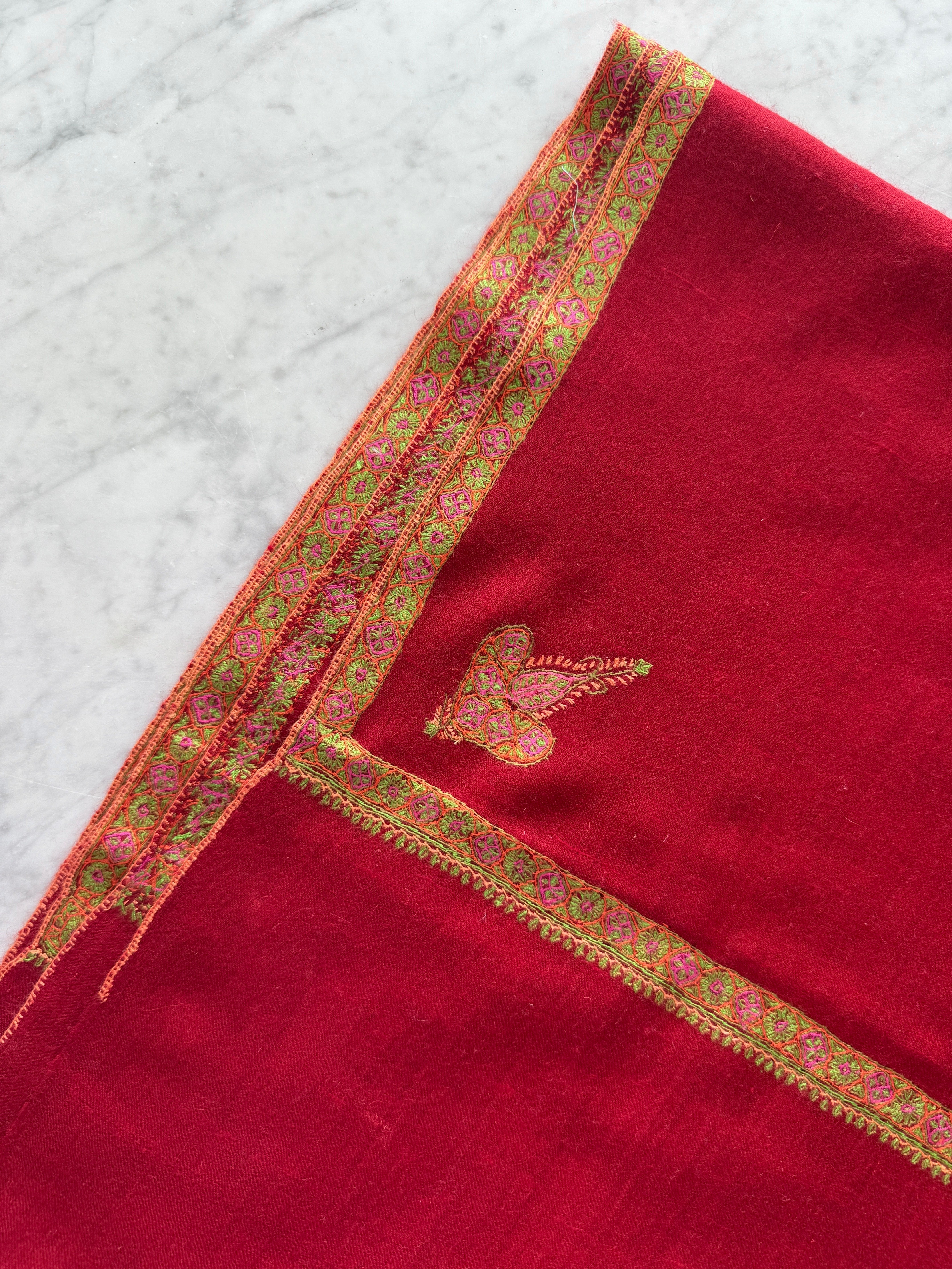 Tomato Red Hand Embroidered Pashmina Shawl One of a Kind
