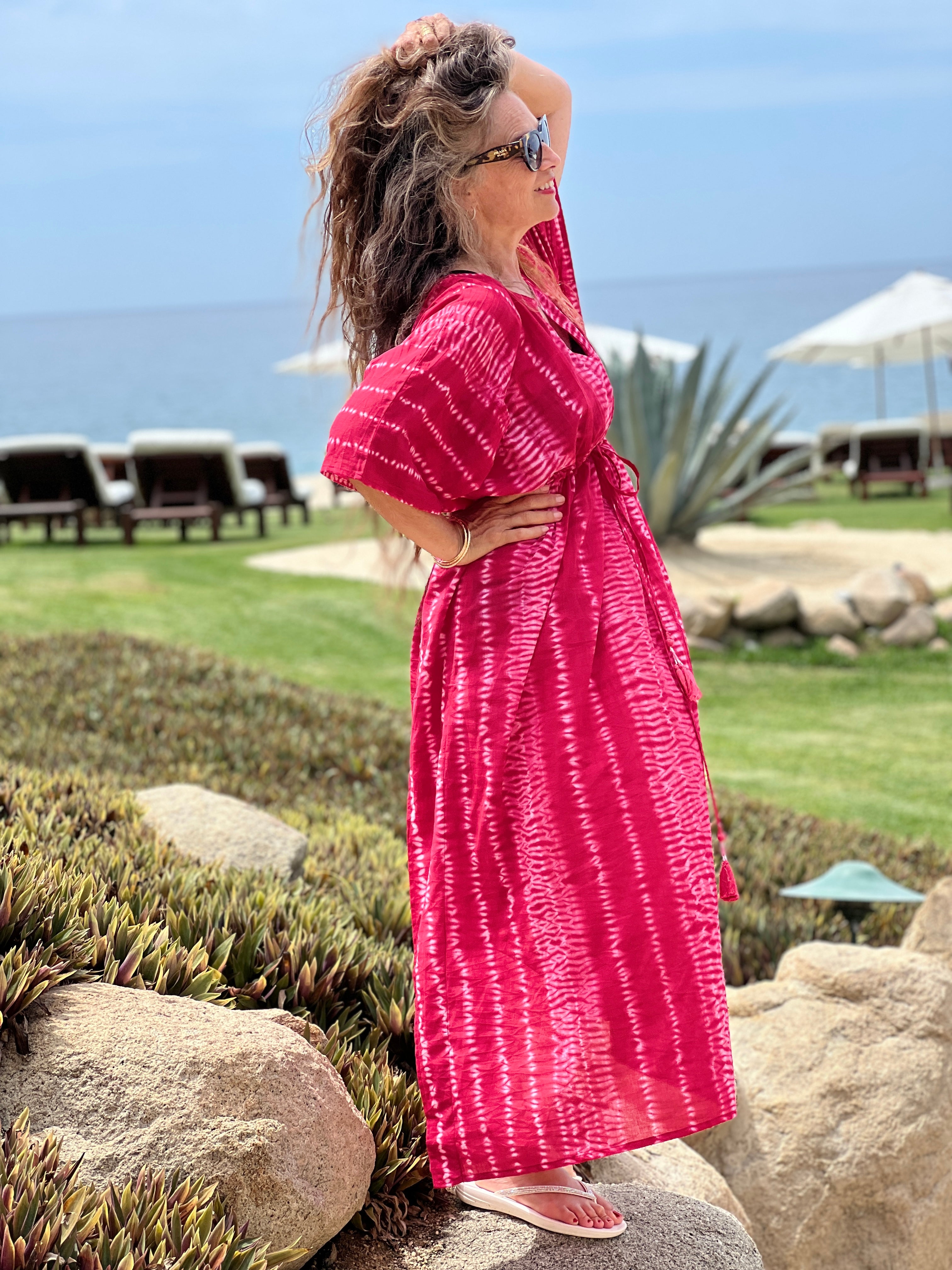 Peonia Pink Needle Shibori Maxi Kaftan Dress