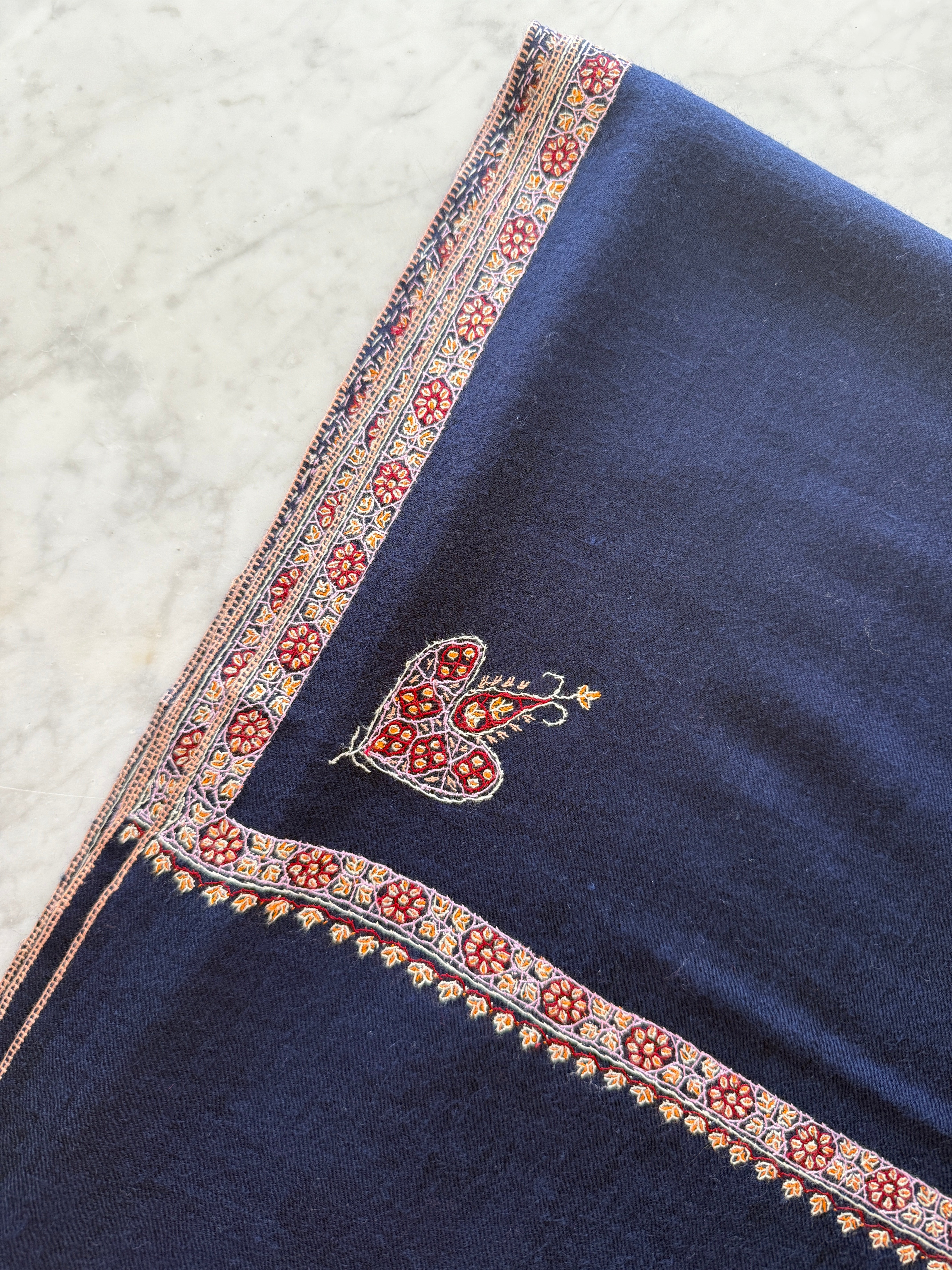 Navy Blue Hand Embroidered Pashmina Shawl One of a Kind