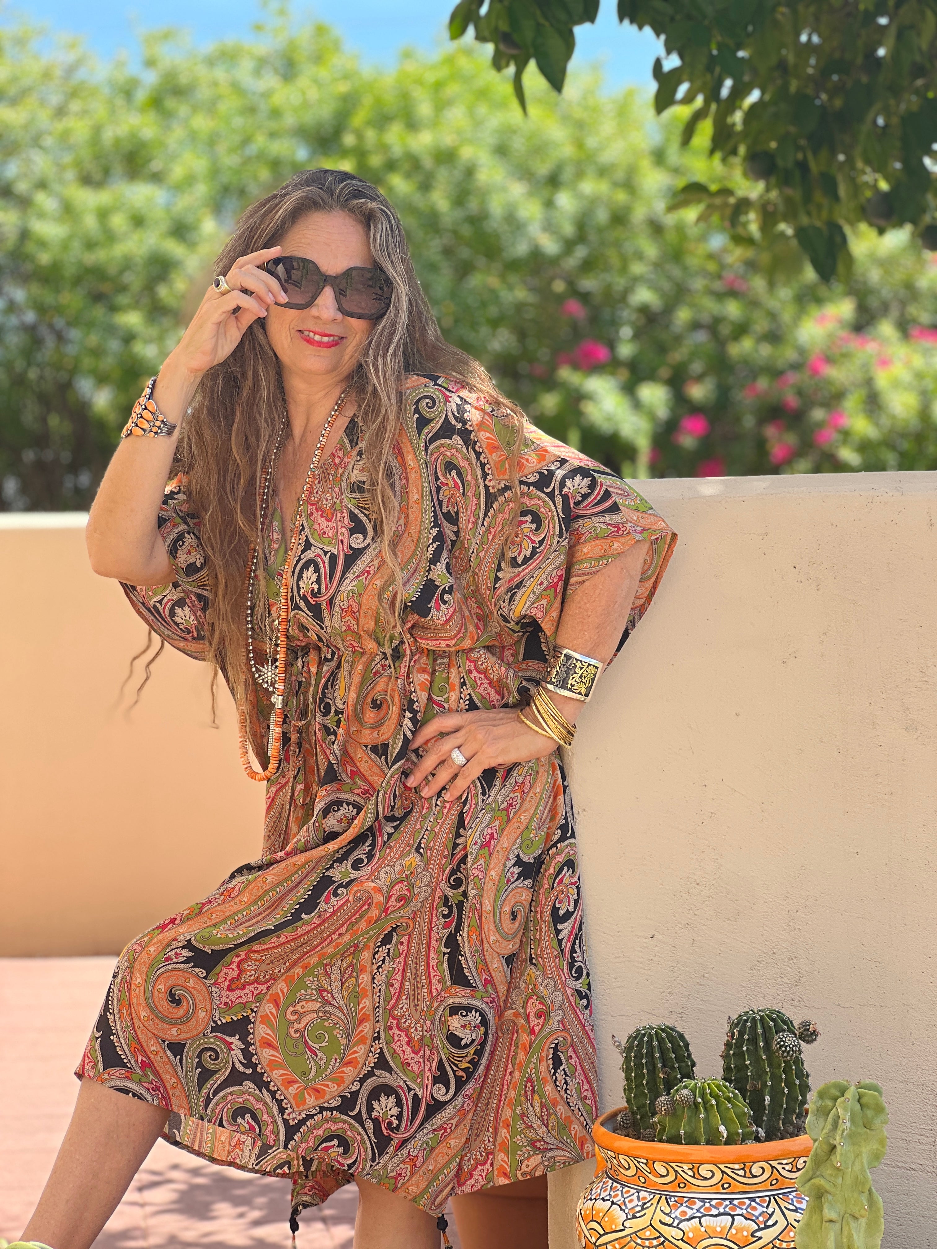 Nera Principessa Paisley Italian Silk Midi Kaftan Dress