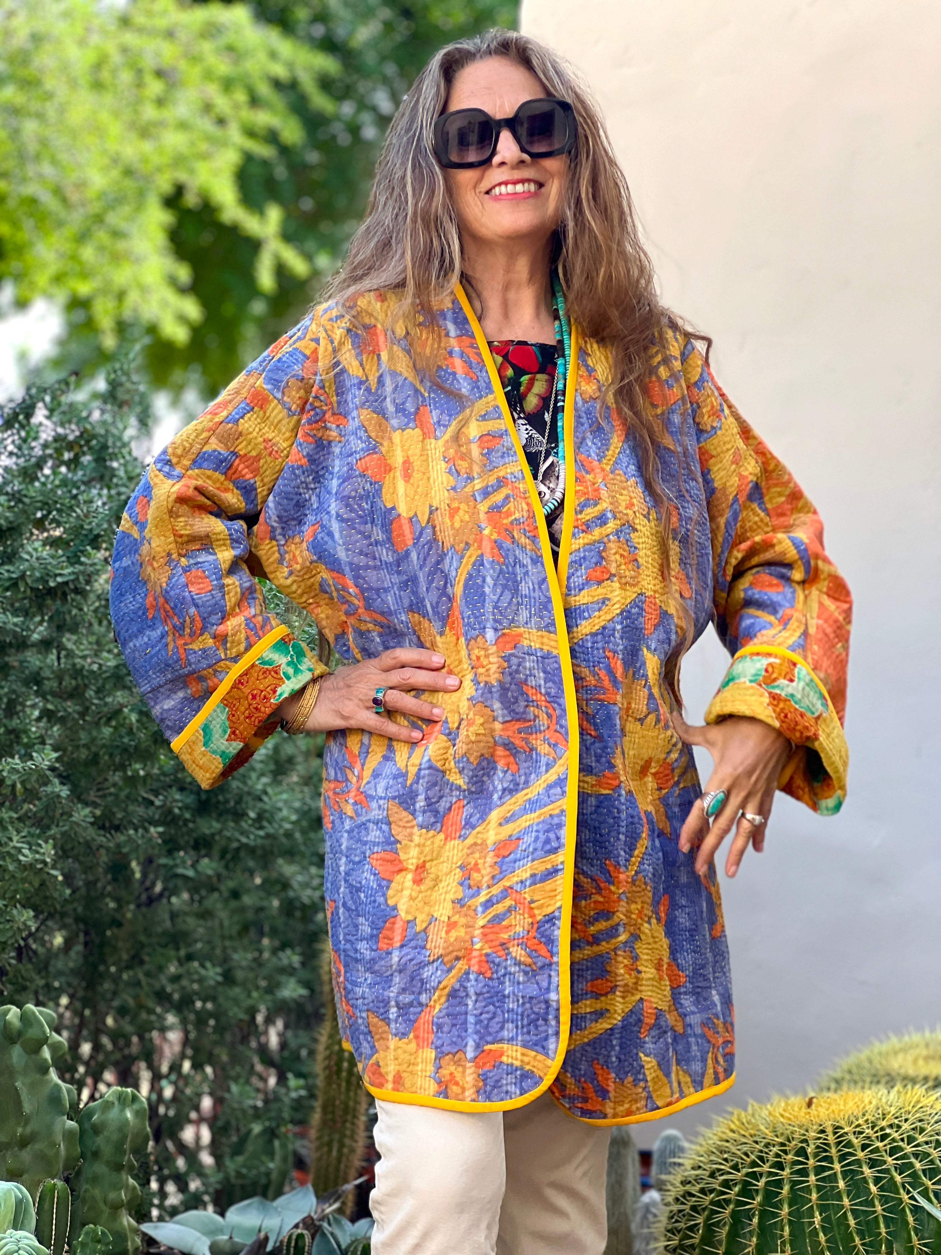 Peela Cotton Kantha Coat One of a Kind