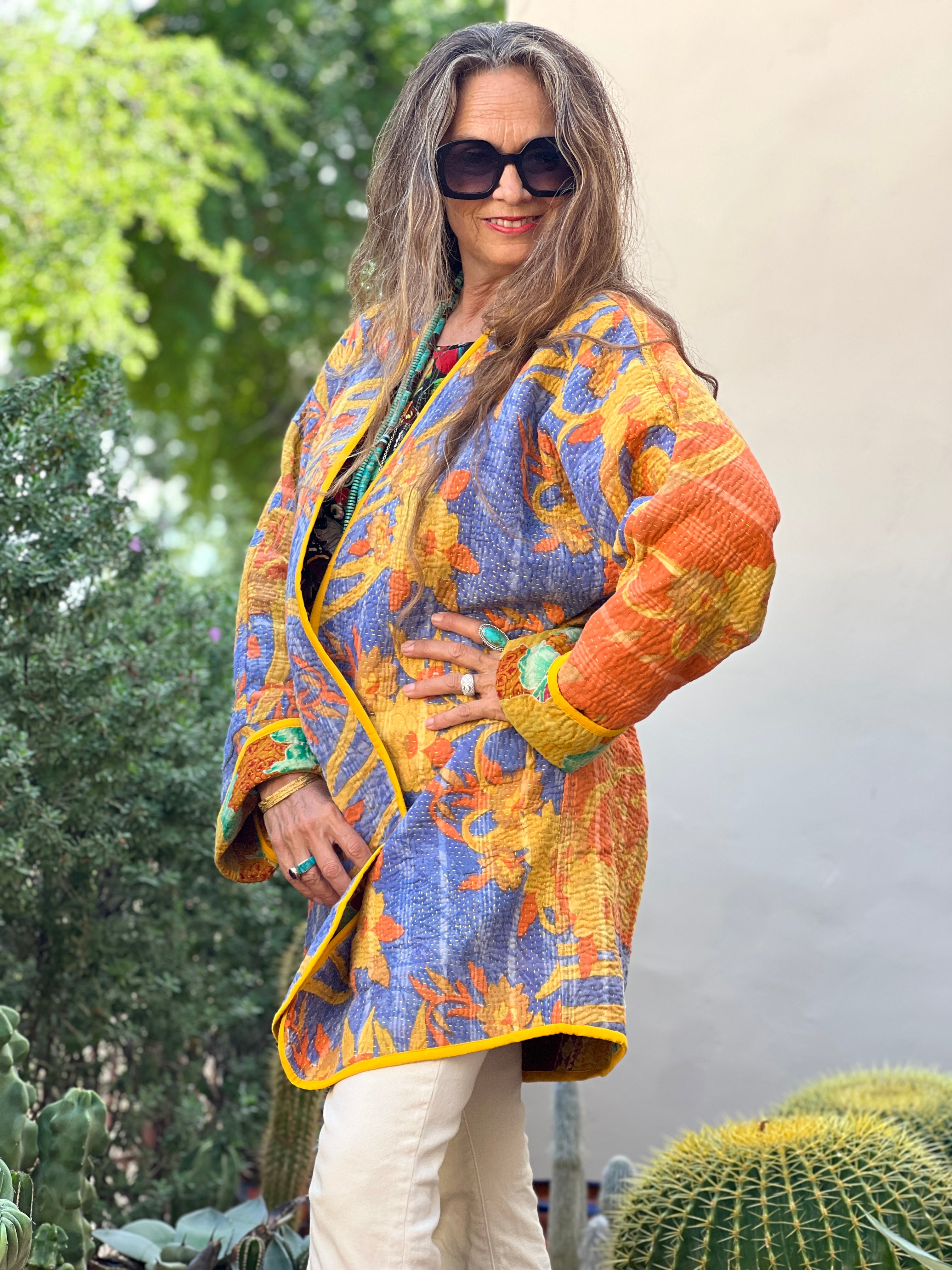 Peela Cotton Kantha Coat One of a Kind