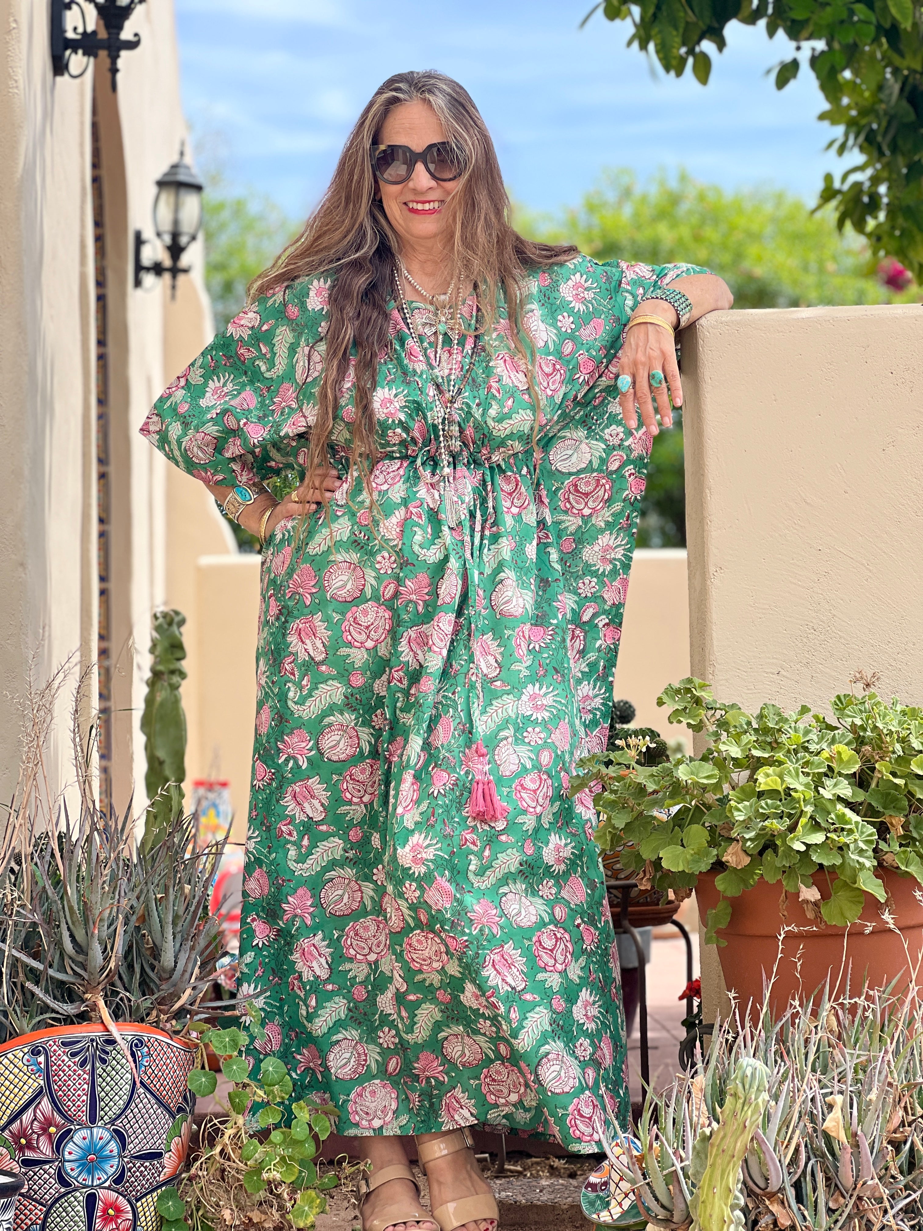 Capri Green Floral Maxi Kaftan Dress