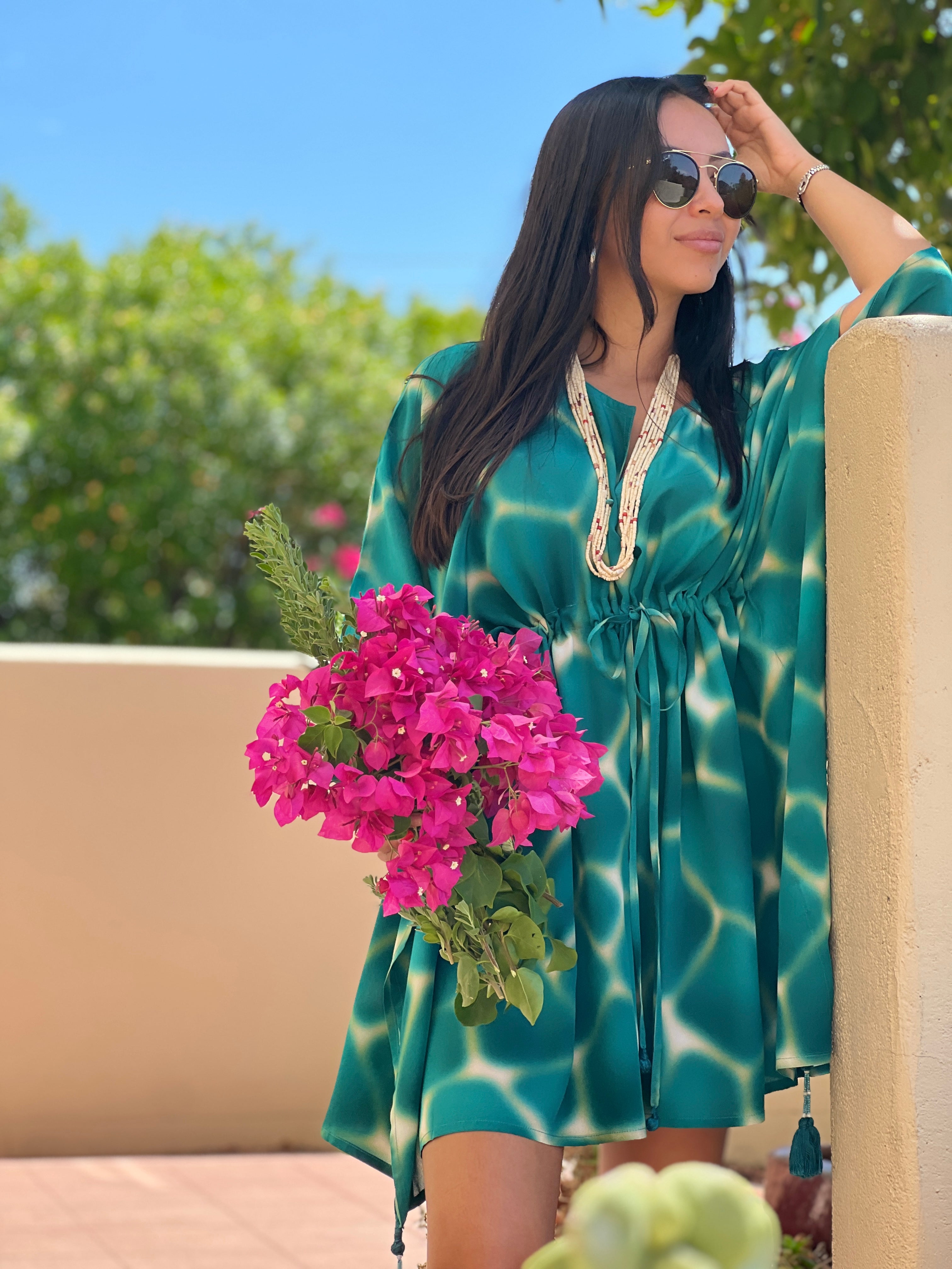 Zirafa Giraffa Teal Italian Silk Short Kaftan