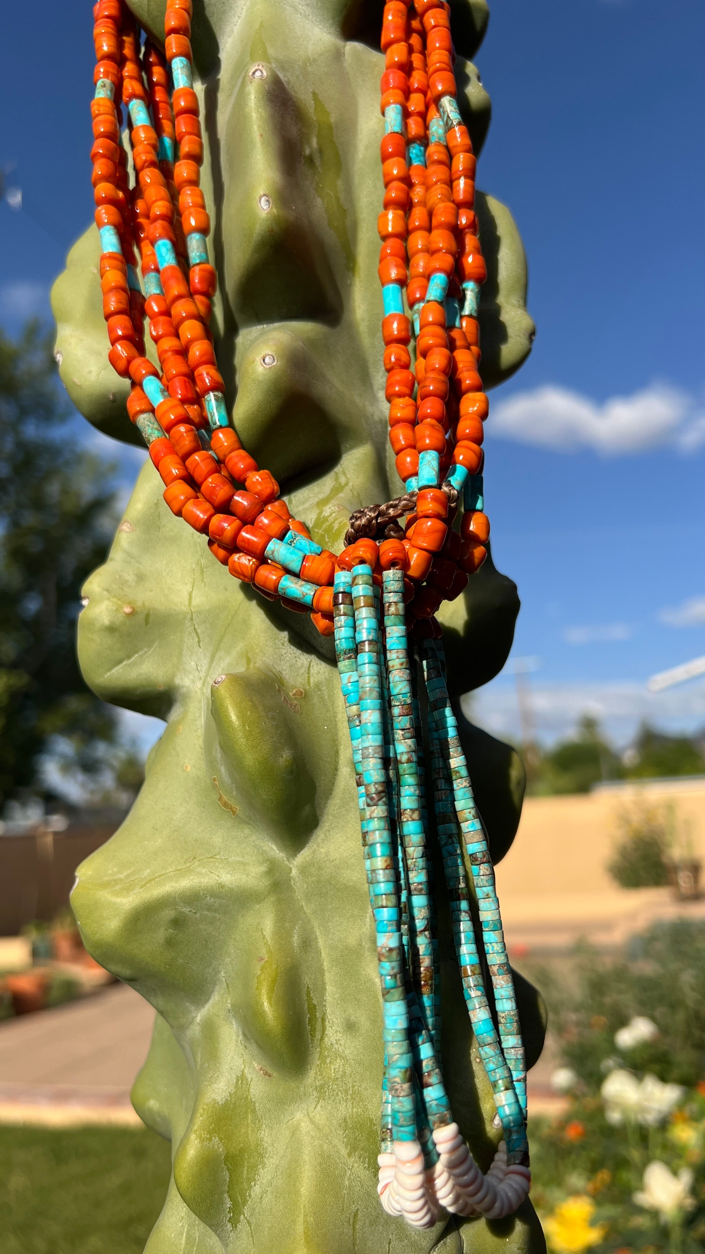 Turquoise and Orange Ceramic Trading Bead Jacla Necklace Santo Domingo