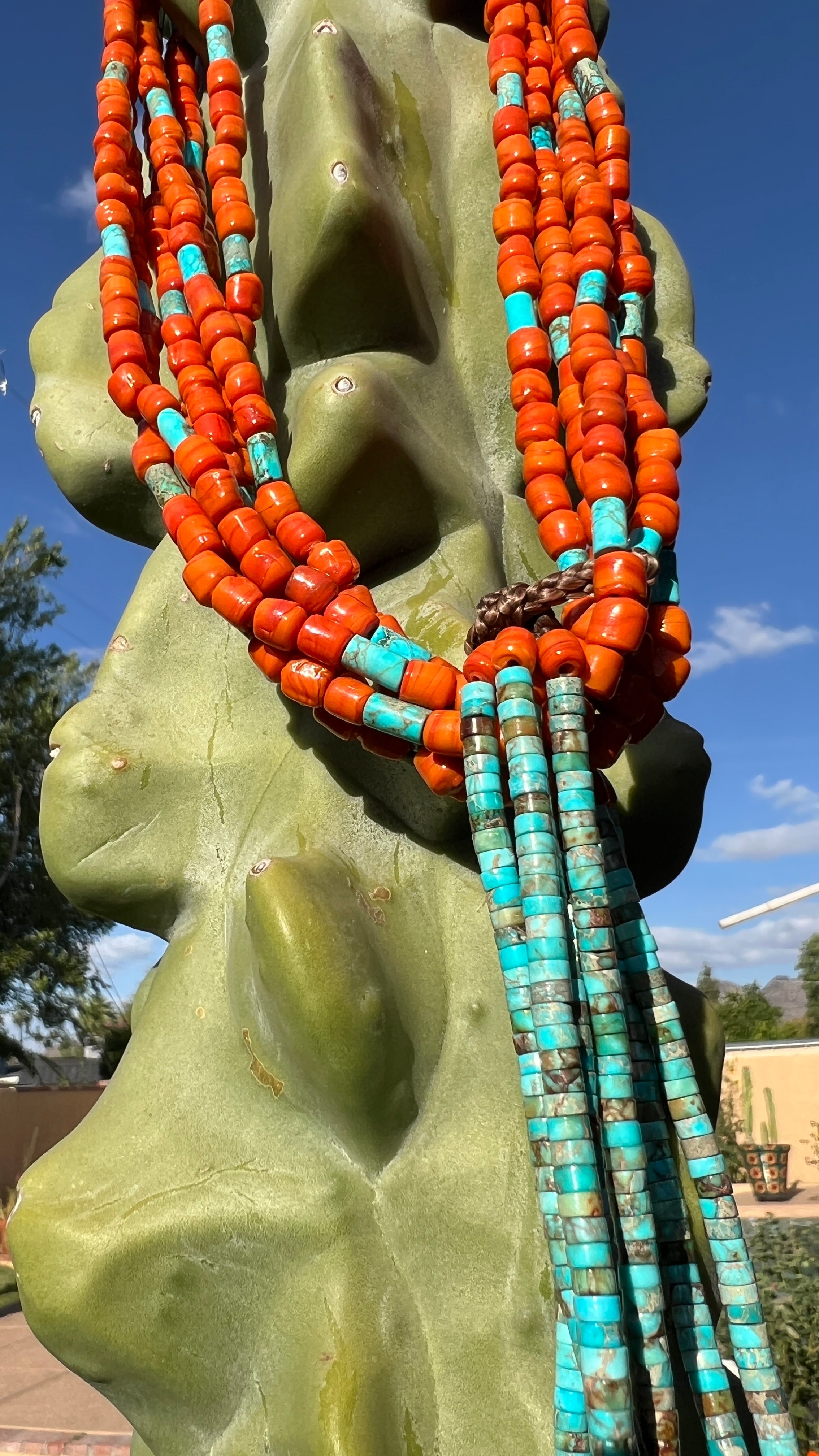 Turquoise and Orange Ceramic Trading Bead Jacla Necklace Santo Domingo