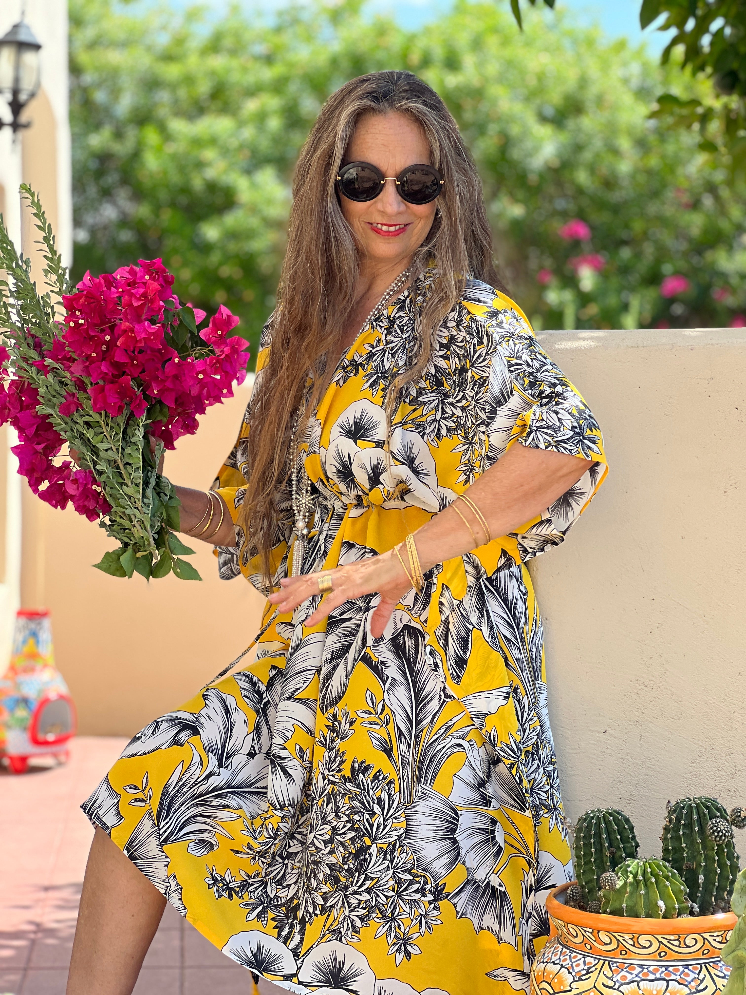Giardino Giallo Italian Silk Midi Kaftan Dress