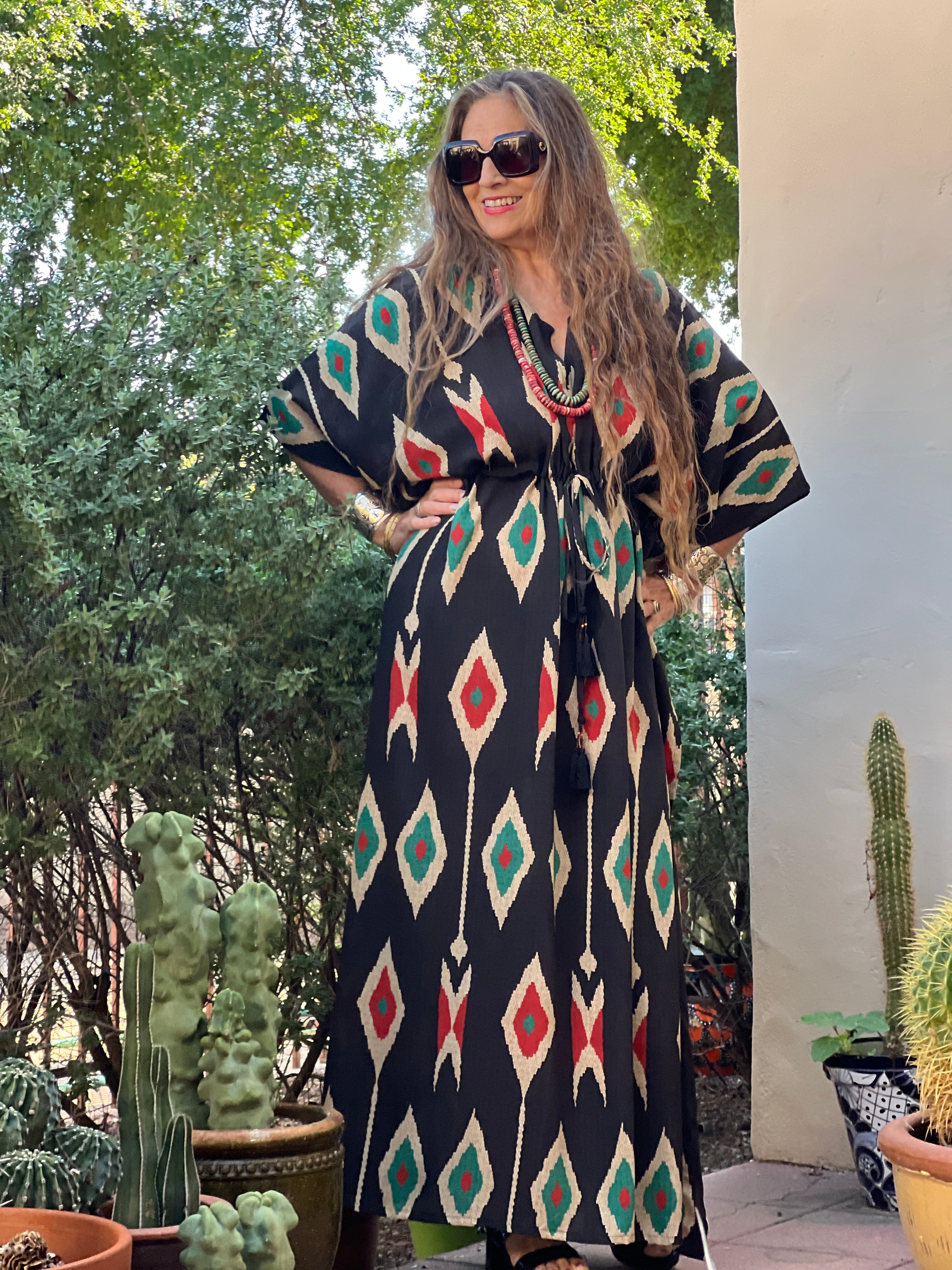 Tashkent Black Ikat Italian Silk Maxi Kaftan
