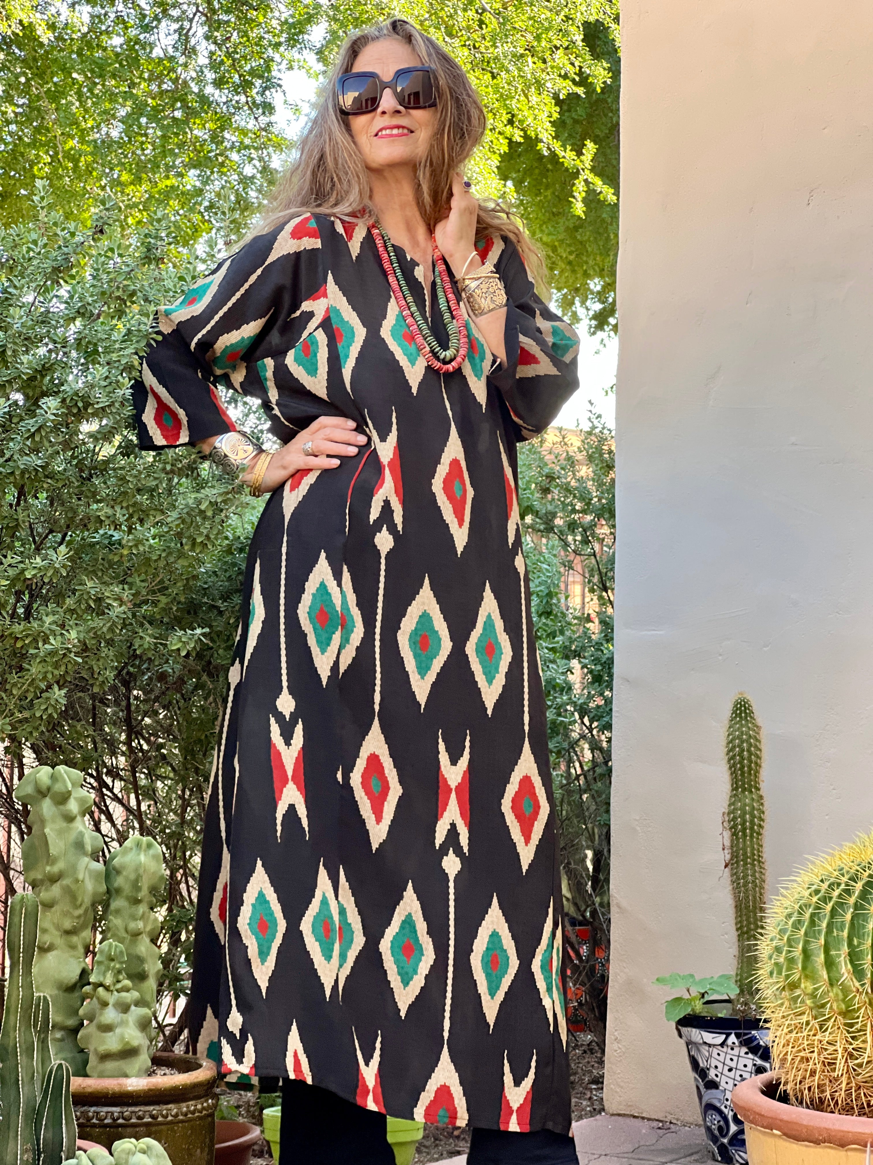 Tashkent Black Ikat Tunic Dress Italian Silk