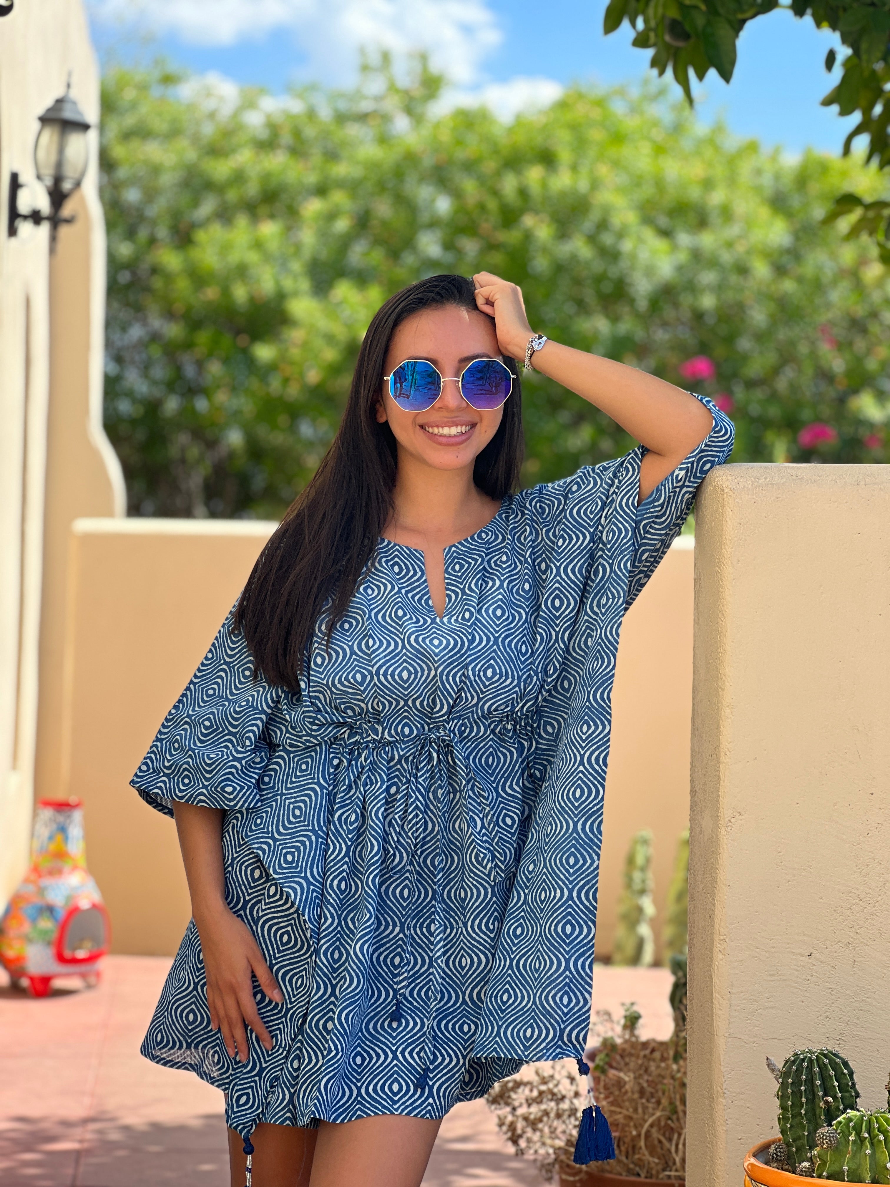 Venezia Ogee Indigo Short Kaftan Dress