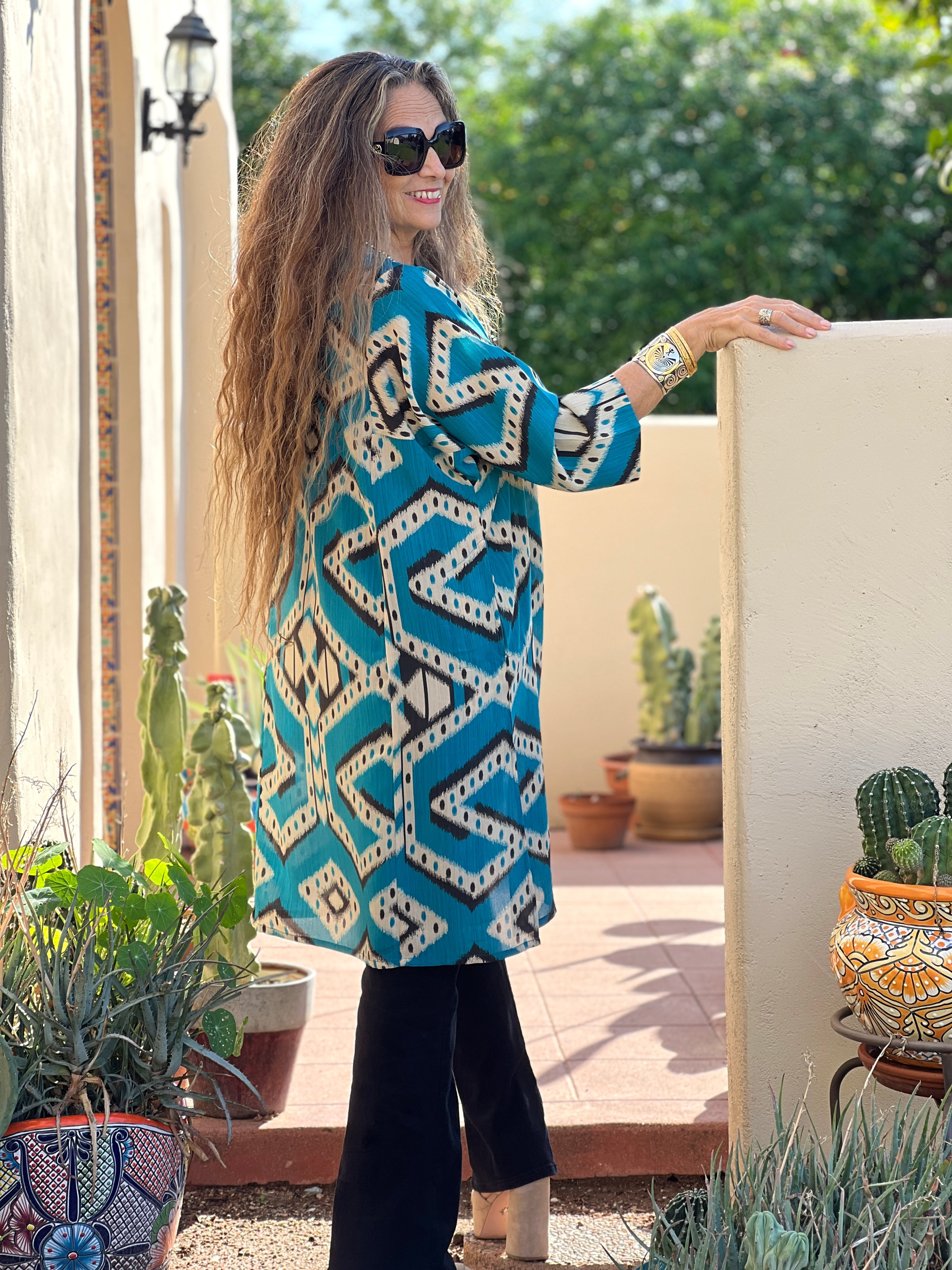 Bukhara Blue Ikat Italian Silk Tunic